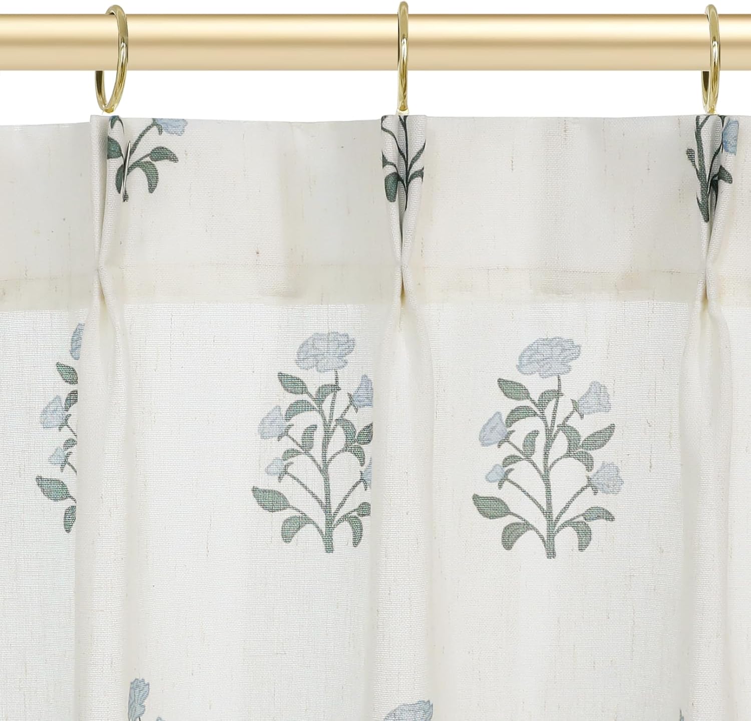 Lino Rosa Farmhouse Kitchen Curtains 36 Inch Length,Cafe Pinch Pleated Curtains,Blue and Green Block Print Vintage Boho Floral Linen Sheer Short Curtain for Small Window Cortinas para Cocina