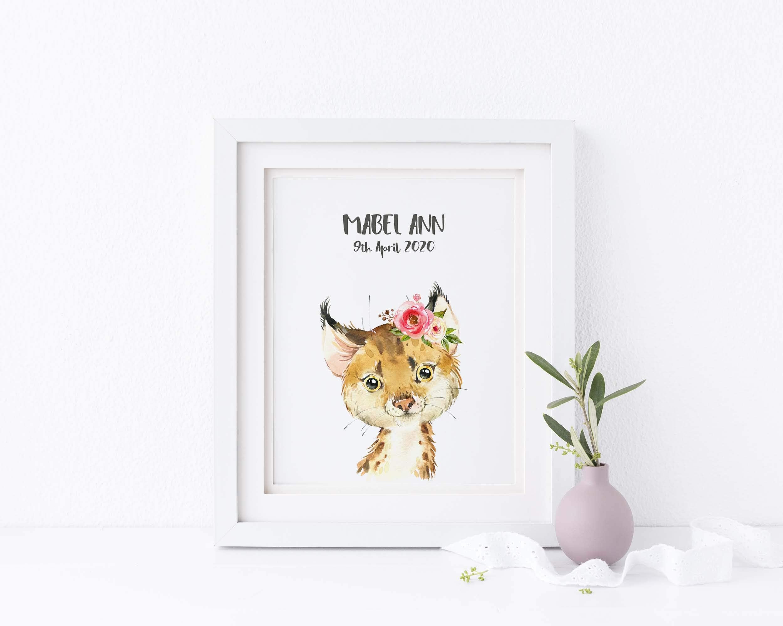 Lynx Cat Nursery Print Personalised Woodland Animal Nursery Pictures, Kids Room Custom Name Wall Art