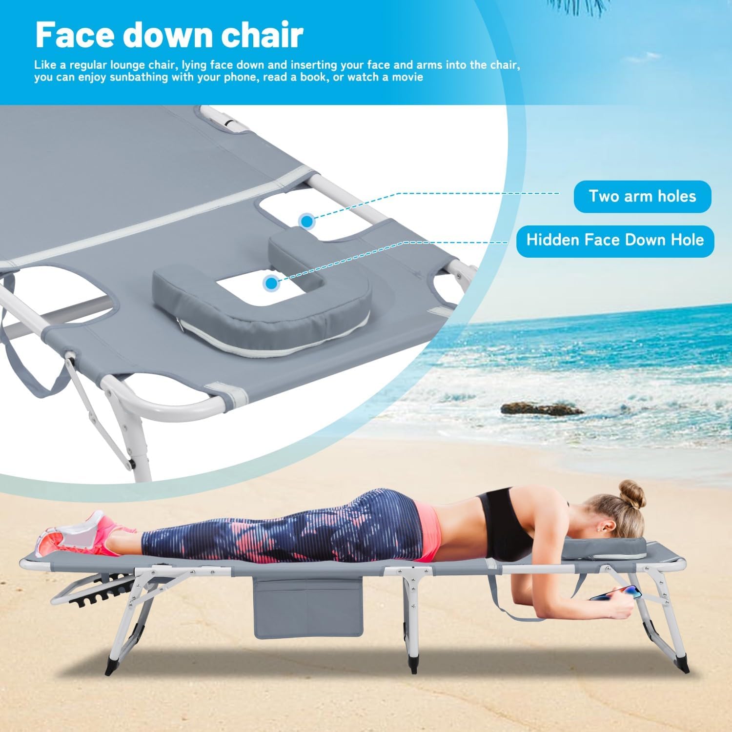 3-in-1 Sun Tanning Chair with Face Hole,Adjustable 5-Position Folding Laying Out Chairs for Tanning,Outdoor Face Down Beach Lounger Sun Bathing Lounge Chair for Pool Deck Patio (Grey)