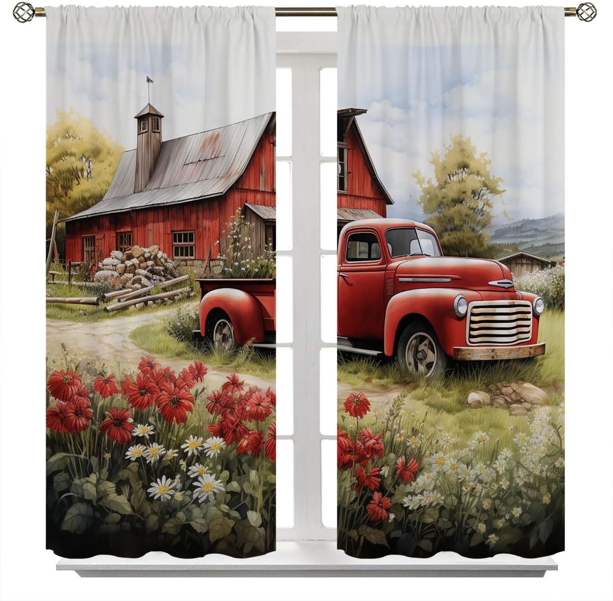 Antique Car Farm Truck Window Curtains for Kid Girls Boys Bedroom, Vintage Old Red Truck Retro Barn American Country Western Rod Pocket Curtains for Bedroom Living Room W42xL63 Inch Decor