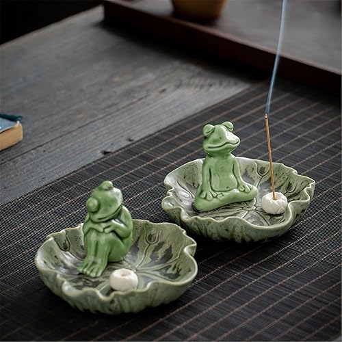 Miniatura 2 de Lindo soporte de incienso de rana de cerámica para palos, fuente de cono de incienso, quemador de incienso de hoja de loto con colector de cenizas