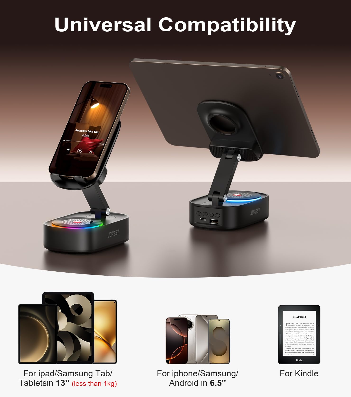 Jorest Enceintes Bluetooth avec Support Téléphone Mobile,Haut Parleur Induction avec Support Tablette,Compatible avec Iphone Ipad Tablet,Cadeau Anniversaire Homme,Cadeau Peres Maitresse Femme Maman