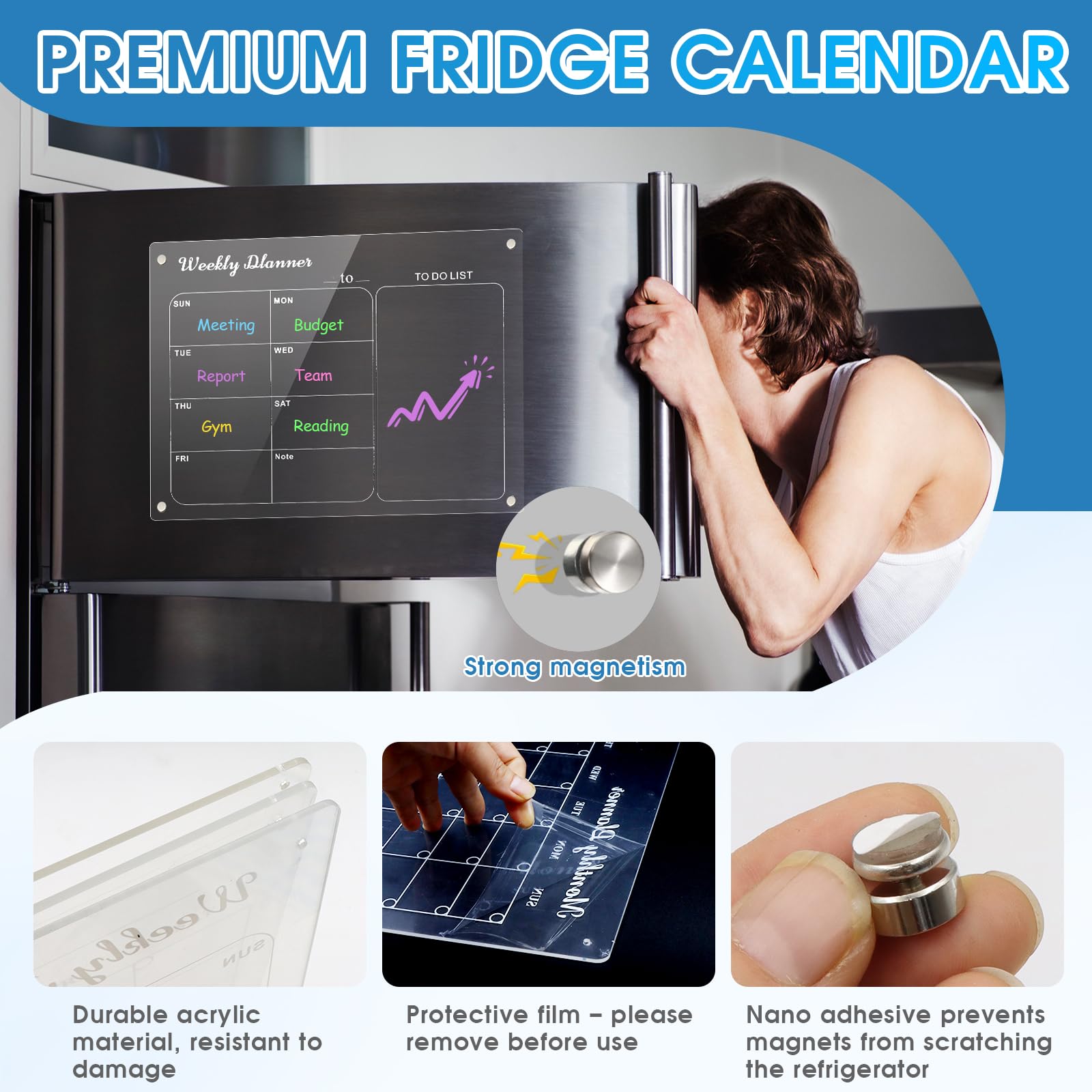 ZOCONE 3PCS Acrylic Calendar for Fridge Clear to Do List (15.75x11.8in2+11.8x7.8in1) Magnetic Fridge Planner for Kitchen Office Classroom Meal Planner Refrigerator Weekly with Pens and Holder, Towel - Image 3