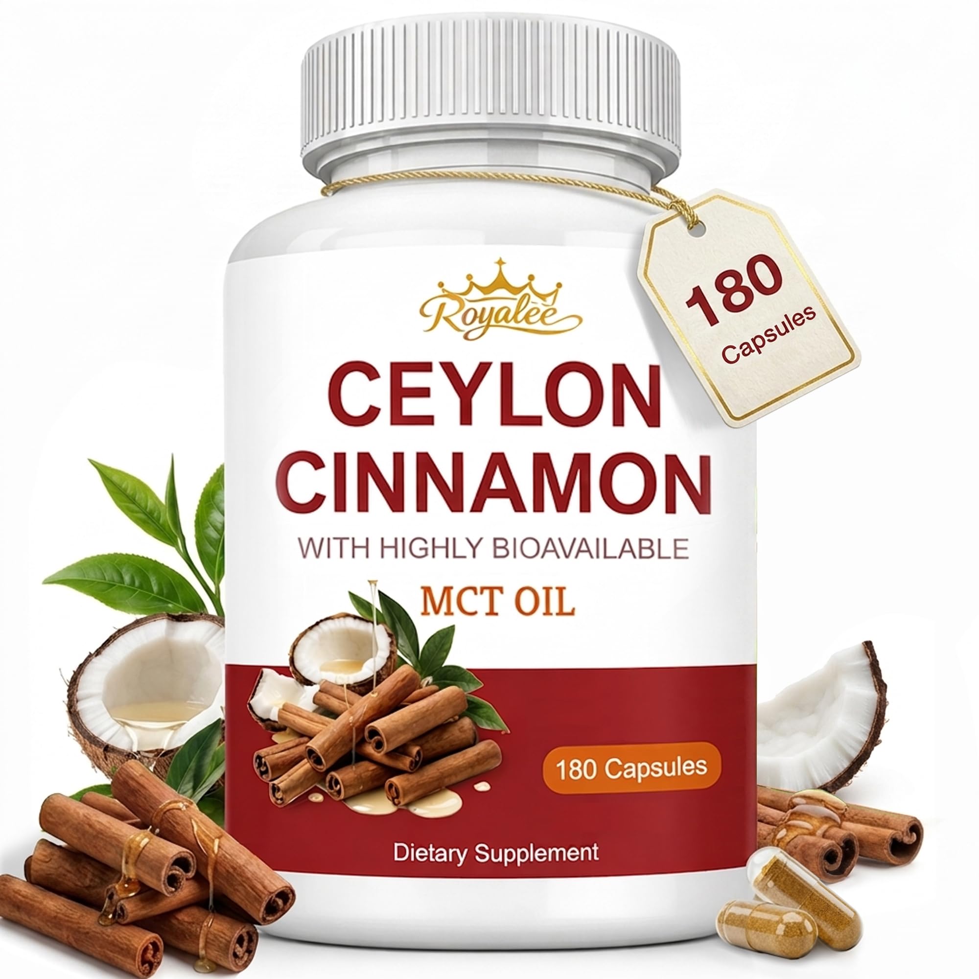 Organic Ceylon Cinnamon with MCT Oil - 180 Vegan Capsules 90-Day Supply - Pure Ceylon Cinnamon Bark Extract Supplement for Healthy Glucose Metabolism & Daily Energy Support