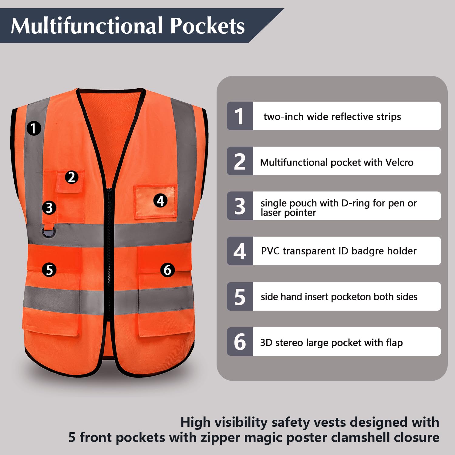 YUANVEST Hi Vis Vests for Men Women 5 Pockets,High Visibility Reflective Safety Security Vest,2-inch Reflective Strip High Visibility Vest,Meets ANSI/ISEA Standards (Orange-Cloth - Image 2