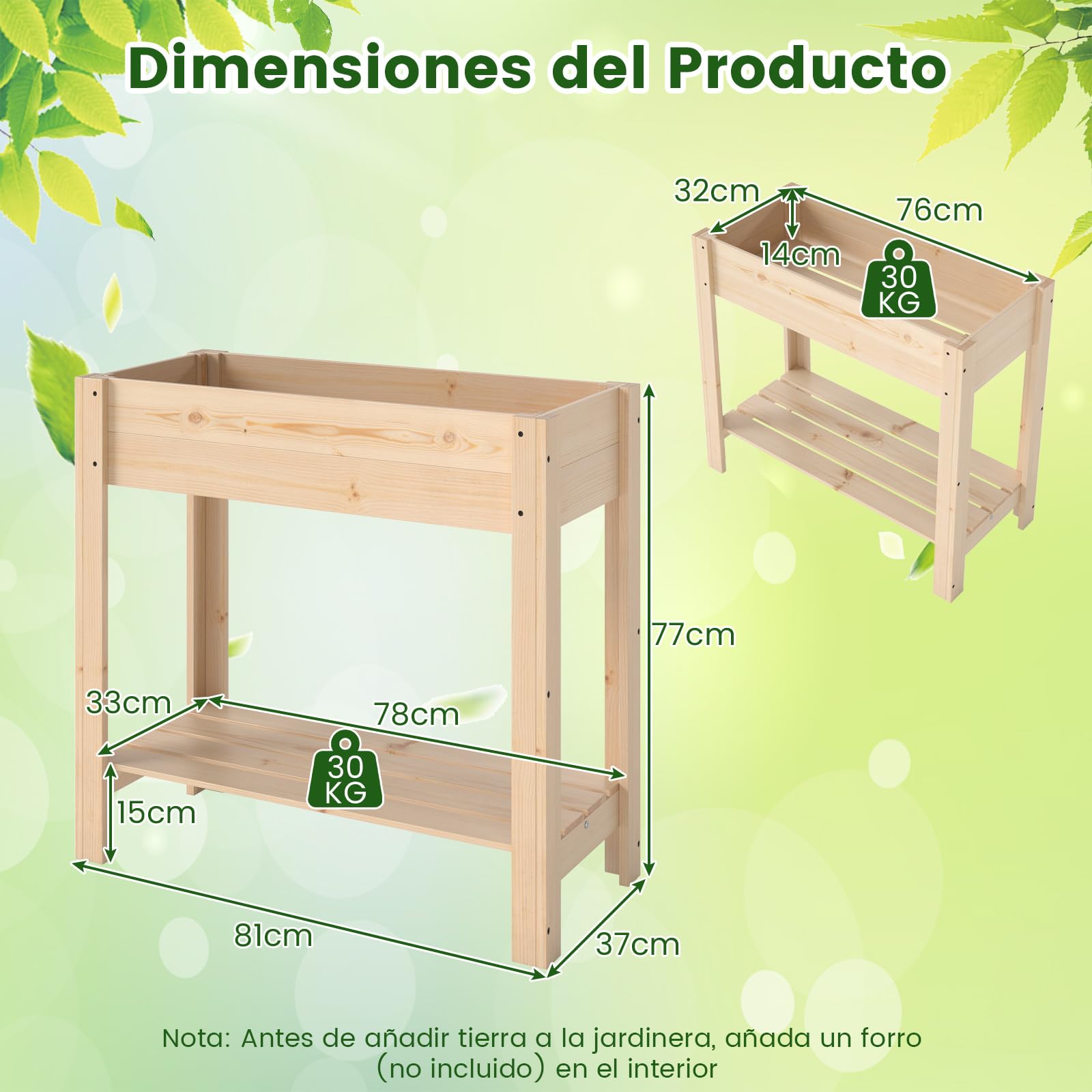 COSTWAY Huerto Urbano de Madera con Patas, Mesa de Cultivo, Jardinera Elevada con Estante, Drenaje, Caja de Plantación 81 x 37 x 77 cm, Jardineras Altas Exterior, para Terraza Exterior, Natural