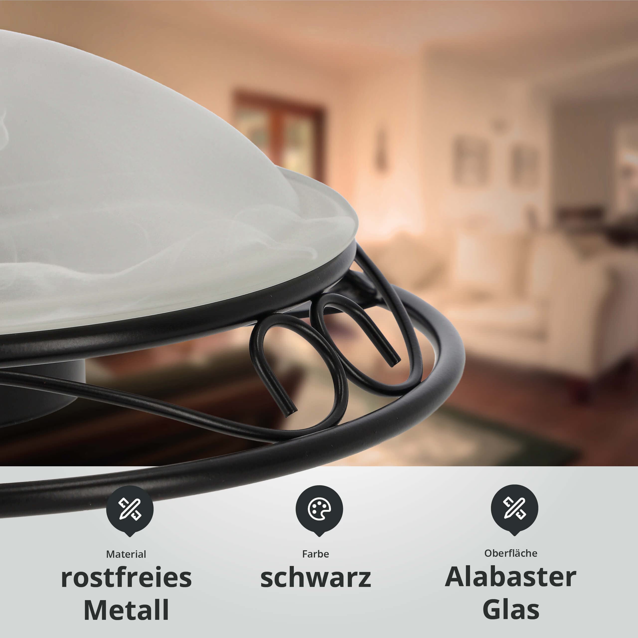 LED Universum - antike Deckenleuchte Rustika 37cm rund aus Metall und Alabasterglas schwarz 2 x E27 Fassung max. 60W