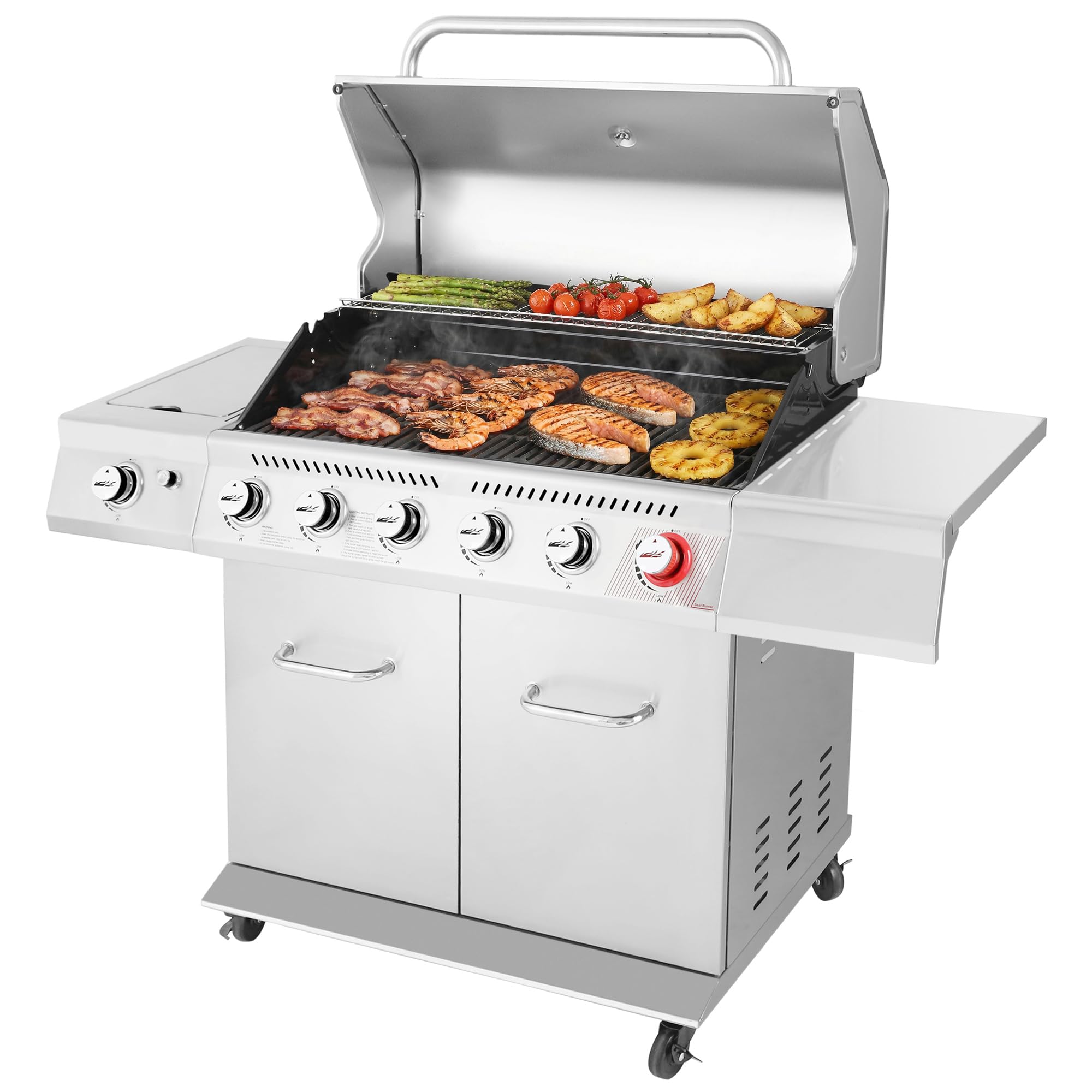 GA6402S 6-Burner Propane Gas Grill with Side Burner and Warming Rack, 74,000 BTUs, Cabinet Style Outdoor BBQ Grill for Barbecue Grilling & Backyard Cooking, Silver