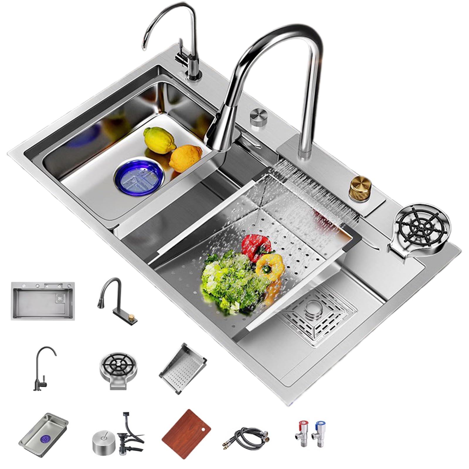Évier de cuisine intelligent 68x45 cm en acier inoxydable blanc avec robinet cascade et rince-gobelet