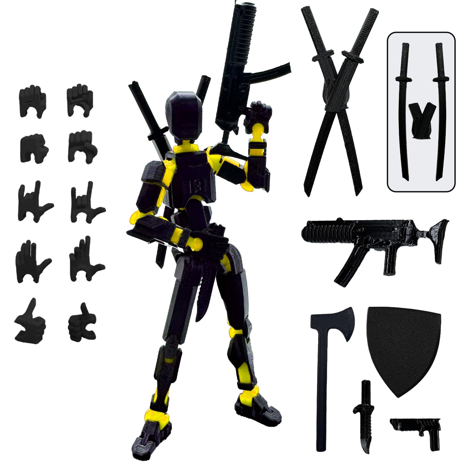 QAONIE (Assembly Completed) 3D Printed Figure 5.54-inch Dummy13 with Weapon Expansion Set and Bracket, Full Body Mechanical Movable Toy, Desk