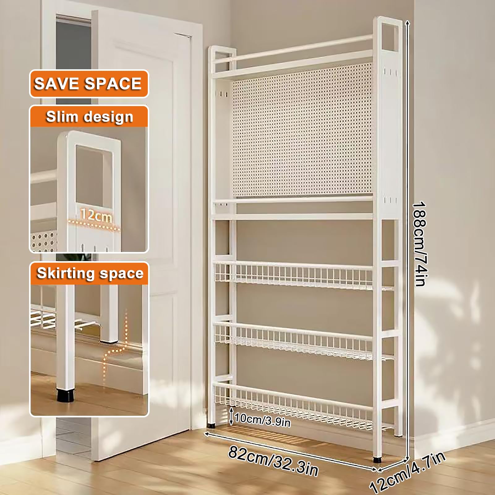 Bücherregal hinter der Tür, platzsparendes Kinderbücherregal mit 5 Etagen | hohes schmales Bücherregal hinter der Tür, offenes Wandregal mit Haken für Schlafzimmer Kinderzimm (Weiß, 82×12×188CM)