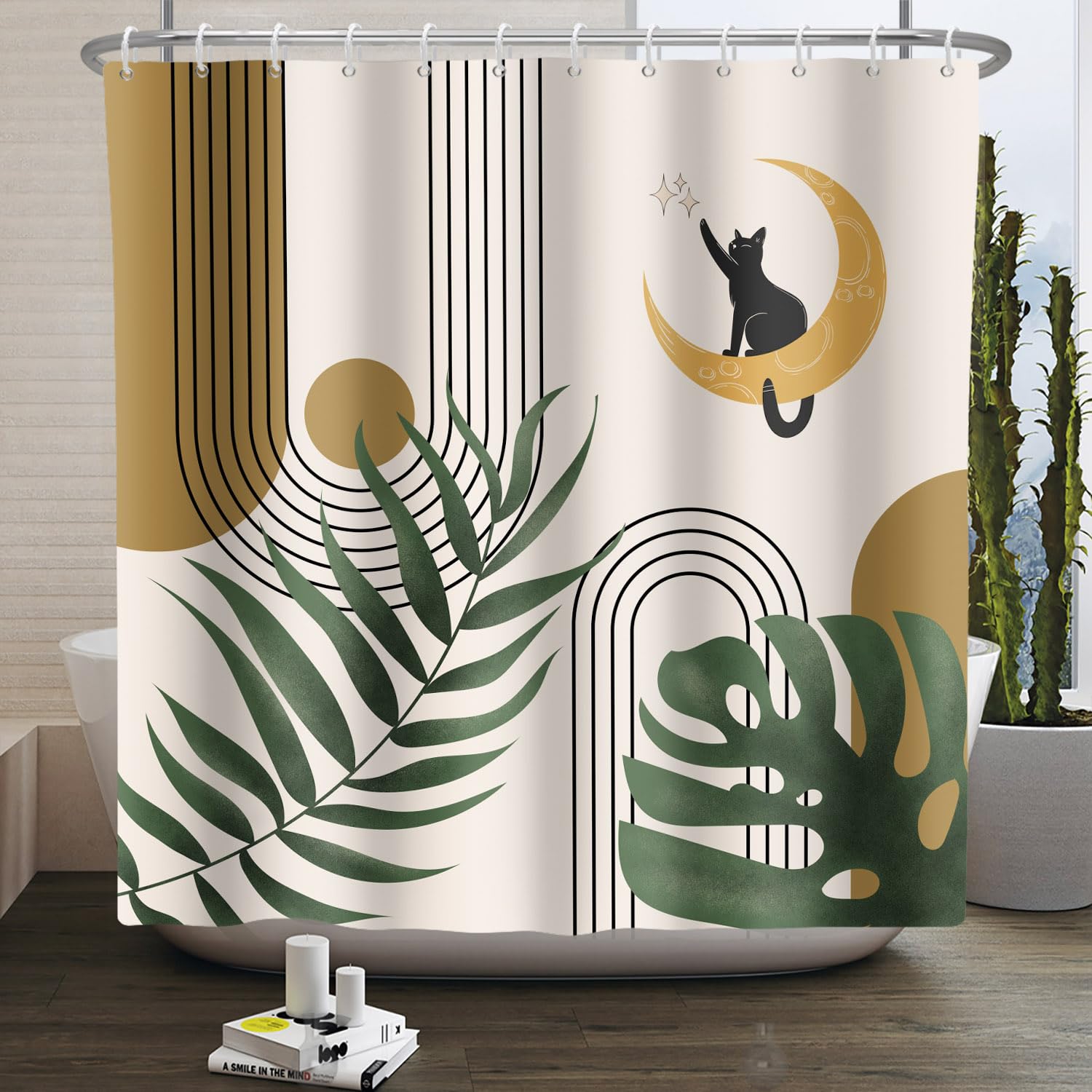 180x200cm Tende da doccia Boho con ganci, Arch Beige Marrone Sole Luna Gatto Foglie verdi Arte moderna Occlusa Impermeabile, Tessuto in poliestere Bagno Vasca Decorazione estetica