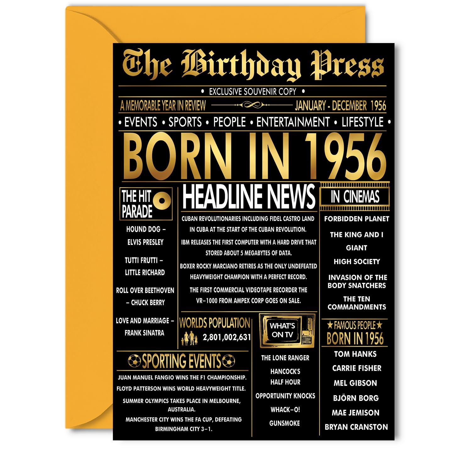 Gold 70th Birthday Card for Men Women - Black & Golden Newspaper Born in 1956 - Happy 70 Birthday Cards for Sister Husband Wife Nan Grandma Cousin, 5x7 Inch Bday Greeting Cards
