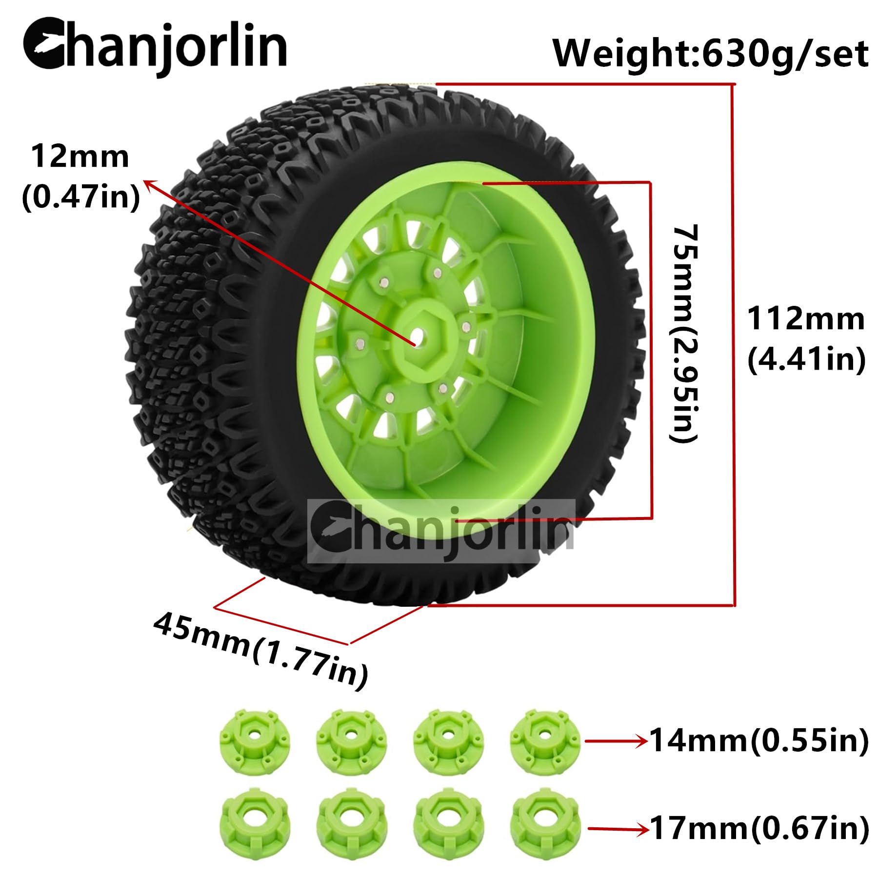 Chanjorlin 1/10 1/8 RC Short Course Truck Tires OD 112mm and Wheels 12mm 14mm 17mm Hex for 1:8 1:10 Scale Off Road Truck Car Traxxas Slash 2WD 4×4 Axial Losi Redcat Rc4wd Arrma Senton 4PCS (Black)