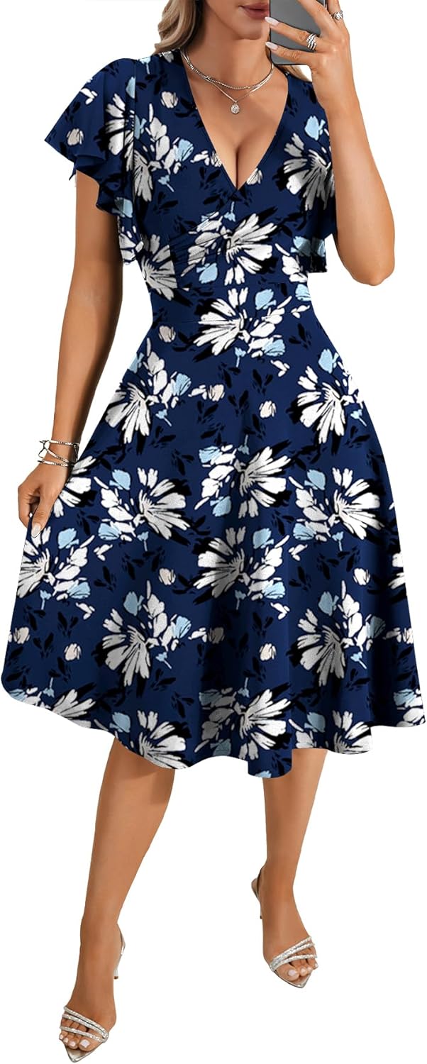 LYANER Women's Warp V Neck Ruffle Short Sleeve A Line Swing Flared Cocktail Party Midi Dress - Image 2