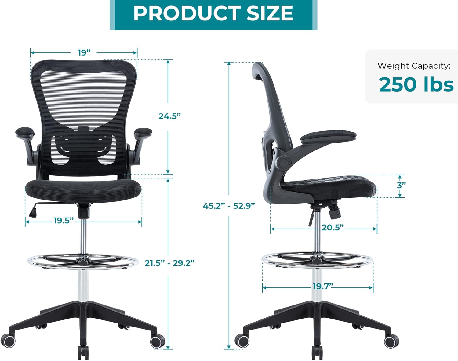 Hramk Drafting Chair, Tall Office Chair with Flip-up Arms, Mid Back Standing Desk Chair with Adjustable Foot Rest (Black)