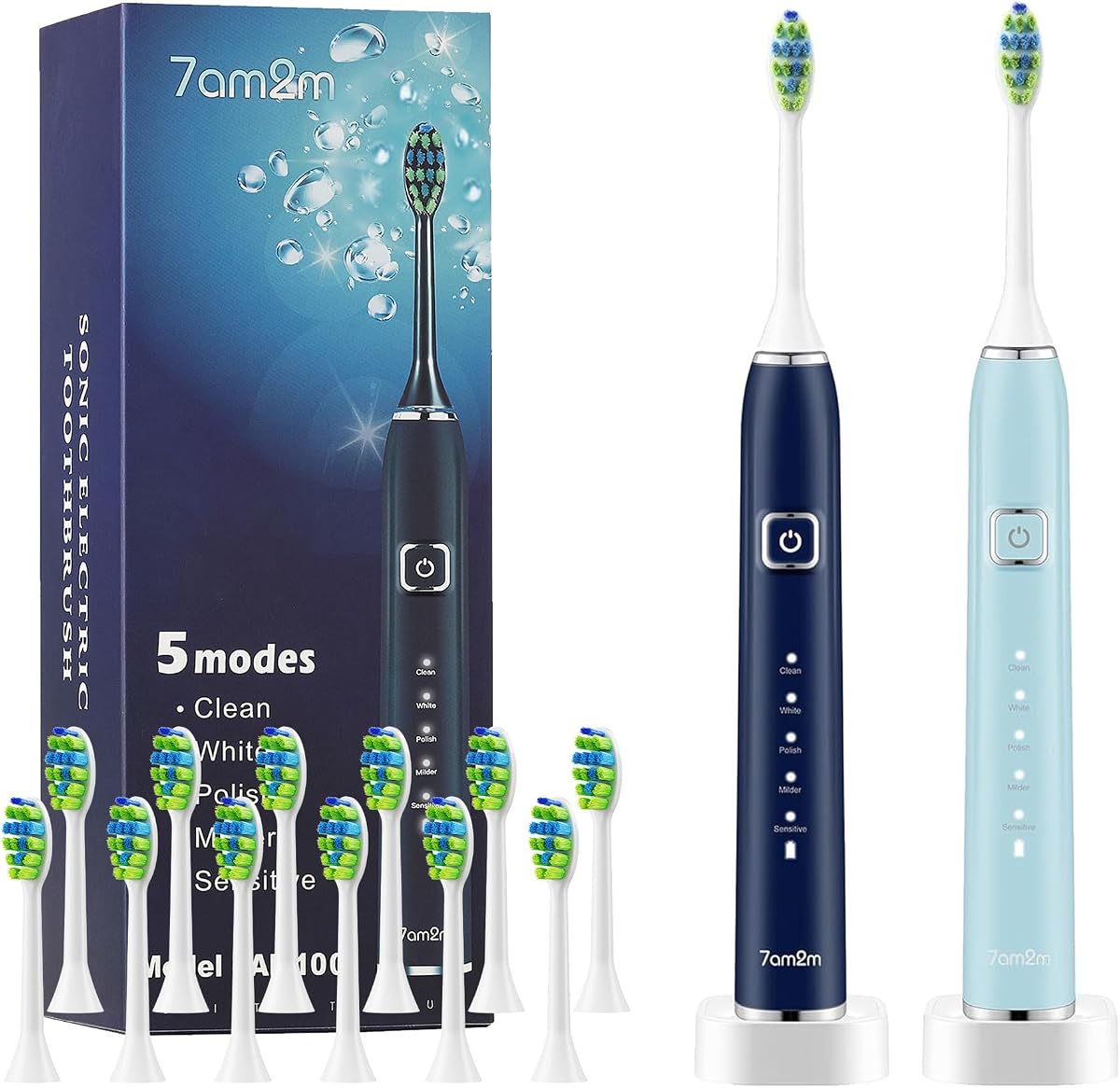 7AM2M Electric Toothbrush 2 Pack Set for Adults, 12 Replacement Brush Heads, 5 Adjustable Modes, Built-in 2-Minute Smart Timer, Fast Charge for 60 Days, IPX7 Waterproof, Navy & Light Blue | One Charge for 120 Days, Wireless Fast Charge,5 Modes,40000VPM Powered Toothbrush,Smart Timer,IPX7 Waterproof,Navy+Light Blue