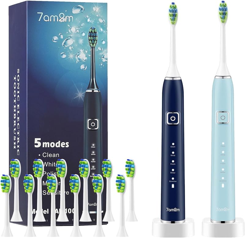 7AM2M Electric Toothbrush 2 Pack Set for Adults, 12 Replacement Brush Heads, 5 Adjustable Modes, Built-in 2-Minute Smart Timer, Fast Charge for 60 Days, IPX7 Waterproof, Navy & Light Blue | One Charge for 120 Days, Wireless Fast Charge,5 Modes,40000VPM Powered Toothbrush,Smart Timer,IPX7 Waterproof,Navy+Light Blue
