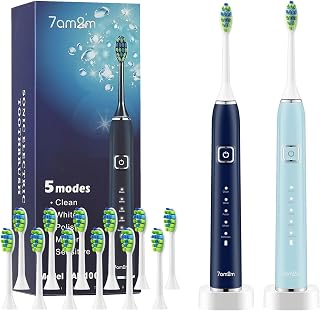 7AM2M Electric Toothbrush 2 Pack Set for Adults, 12 Replacement Brush Heads, 5 Adjustable Modes, Built-in 2-Minute Smart Timer, Fast Charge for 60 Days, IPX7 Waterproof, Navy & Light Blue