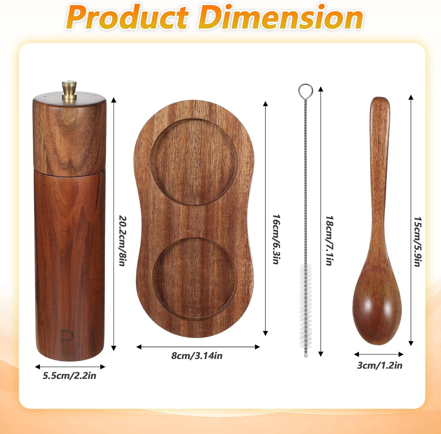 2 Pack Wooden Salt and Pepper Grinder Set, 8 Inch Adjustable Coarseness Manual Salt and Pepper Mill with Brush and Spoon, Acacia Wood Refillable Grinders for Kitchen Home Gift