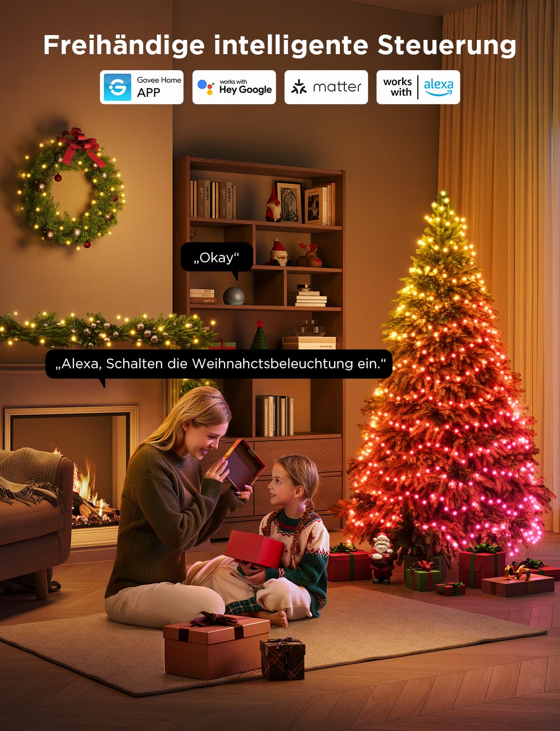 Govee RGBWIC Weihnachtsbeleuchtung 20m, Weihnachtslichterkette Außen & Innen mit 200 LEDs für Weihnachtsbaum, 130+ Szenenmodi, Shape Mapping, App Steuerung, Kompatibel mit Matter, Transparentes Kabel
