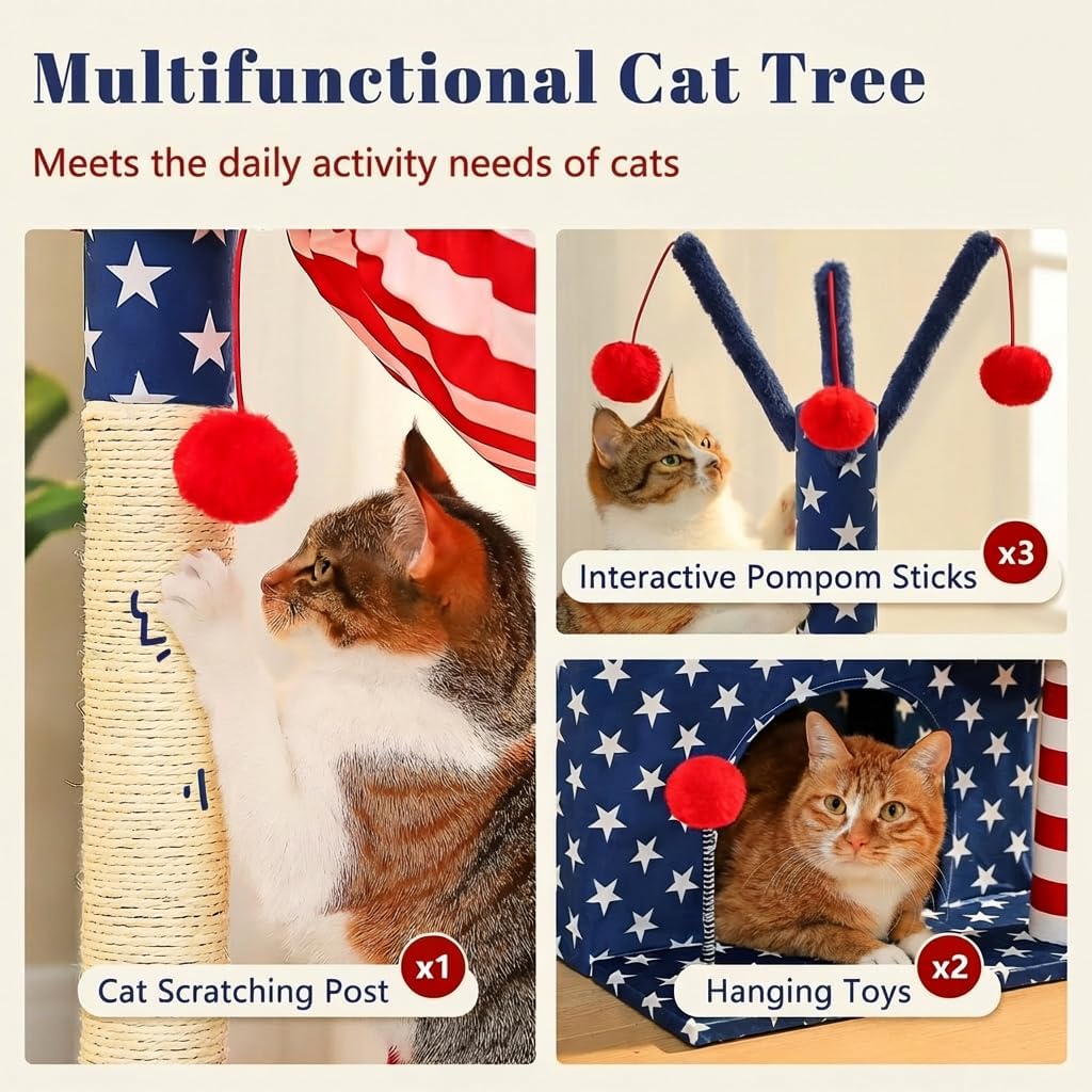 American Flag Cat Tree for Kittens & Senior Cats, 45” Stable Cat Tower Corner Fit, Patriotic Star & Stripes Cat House for Small Spaces with 2 Condos, Hammock & Reinforced Scratching Posts