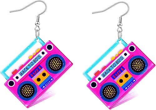 Aretes de los años 70, 80 y 90 para mujer, aretes retro de cinta de cassette acrílica, aretes colgantes para Halloween, cosplay, fiesta brillante,