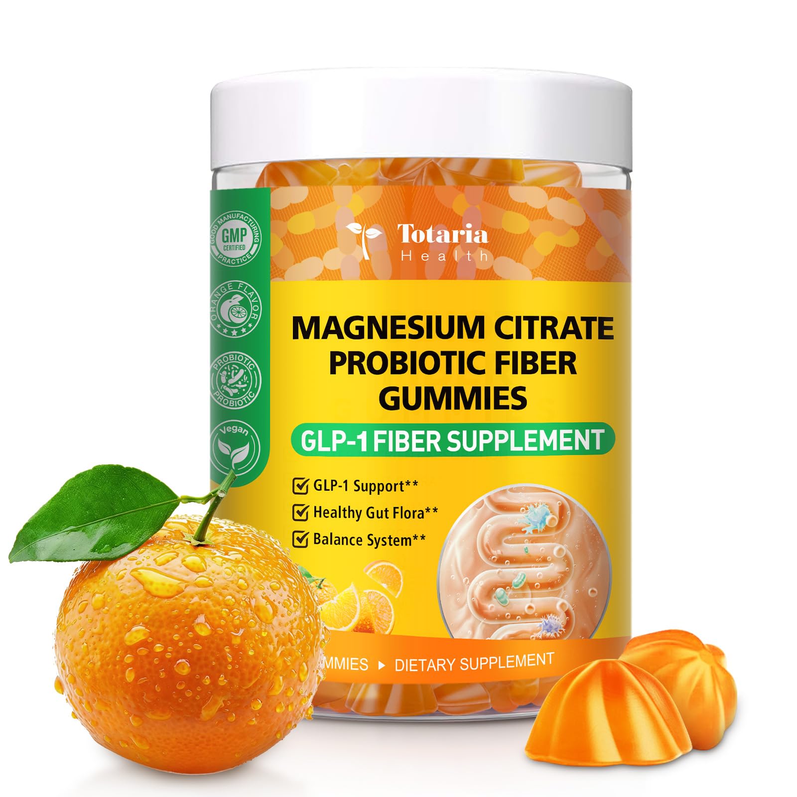 15-in-1 Magnesium Citrate Fiber Gummies with Probiotic Prebiotic for Digestion, Fiber Supplement with Magnesium Citrate 300mg, Apple Cider Vinegar 500mg, Acacia, B6, B12, 60 Orange Vegan Gummies