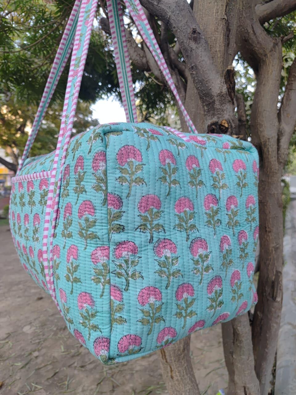 Large Size Block Print Duffel Bag Beautiful Cotton Quilted Luggage Bag Indian Handmade Floral Print Travel Weekender Bag