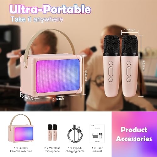 Miniatura 8 de Giecy Máquina de karaoke para niños, mini altavoz de karaoke Bluetooth con 2 micrófonos inalámbricos y luces LED para adultos, regalos de cumpleaños