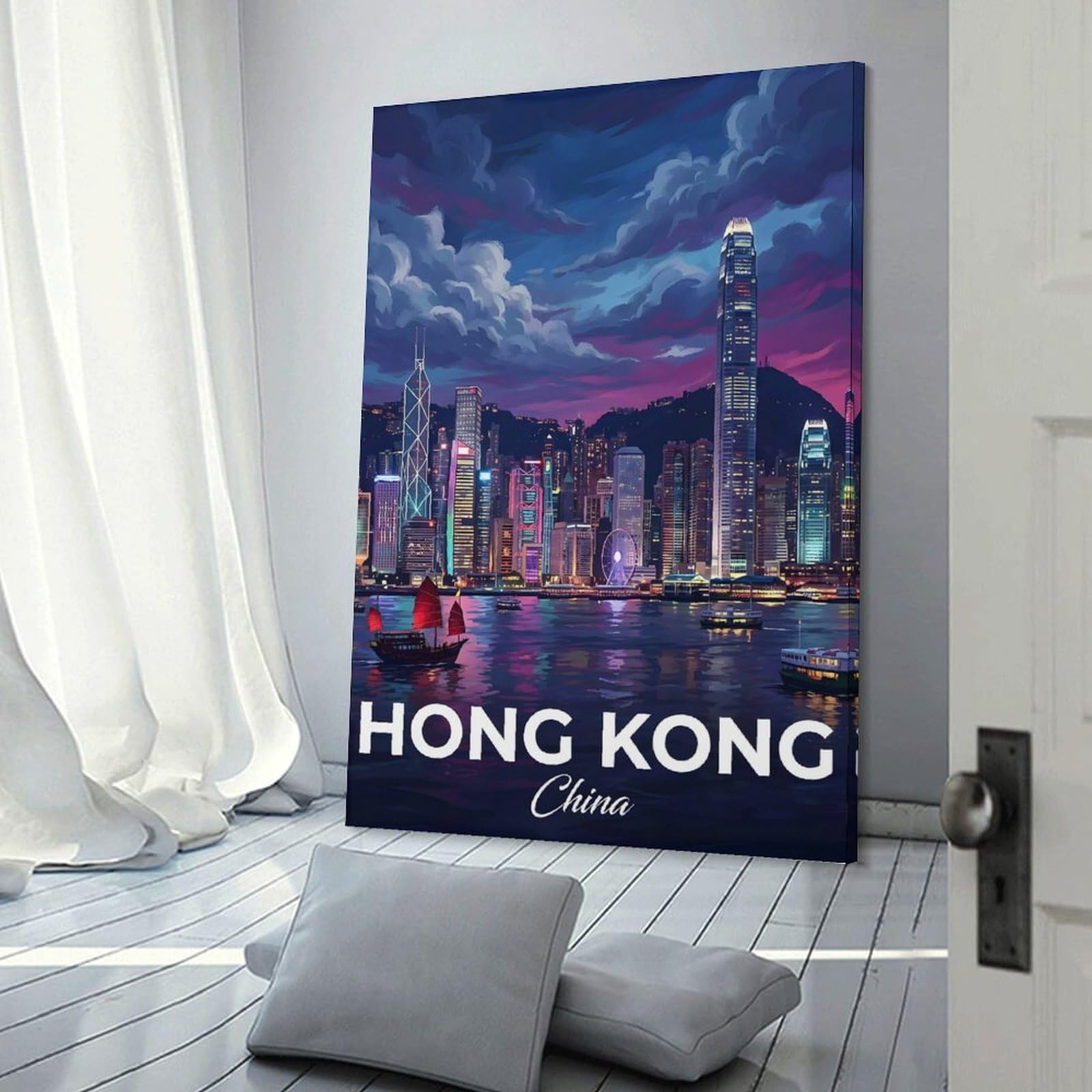 Junmoney Hong Kong Skyline at Dusk Wall Picture Print 20x30inch(50x75cm), for Corridors, Hallways Or Apartment Entries, Decorative Canvas Styling for Entry Areas