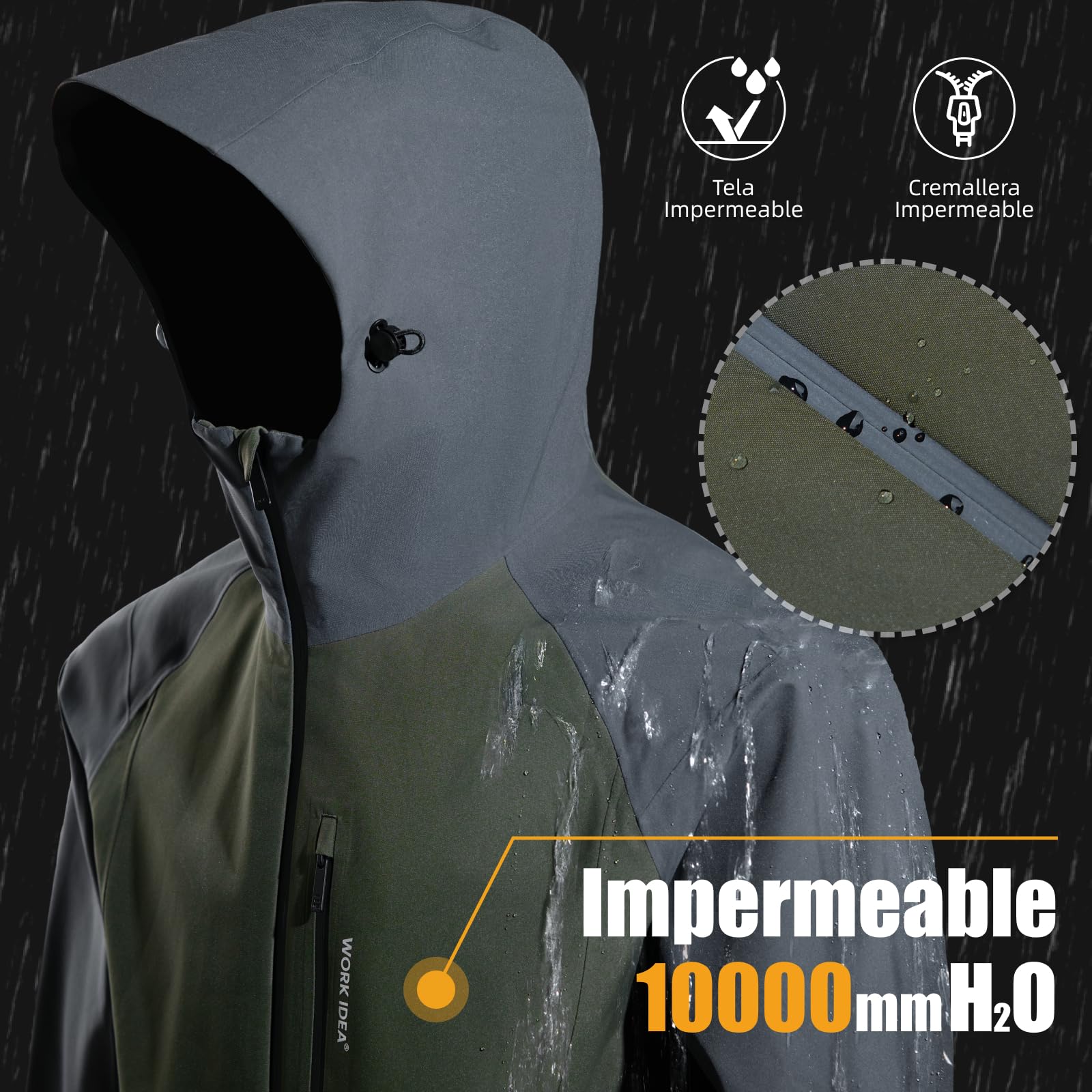 WORK IDEA Chaqueta 3 en 1 para hombre, resistente al agua (columna de agua de 10000 mm), transpirable, resistente al viento con capucha y forro polar interior, chaqueta funcional para senderismo