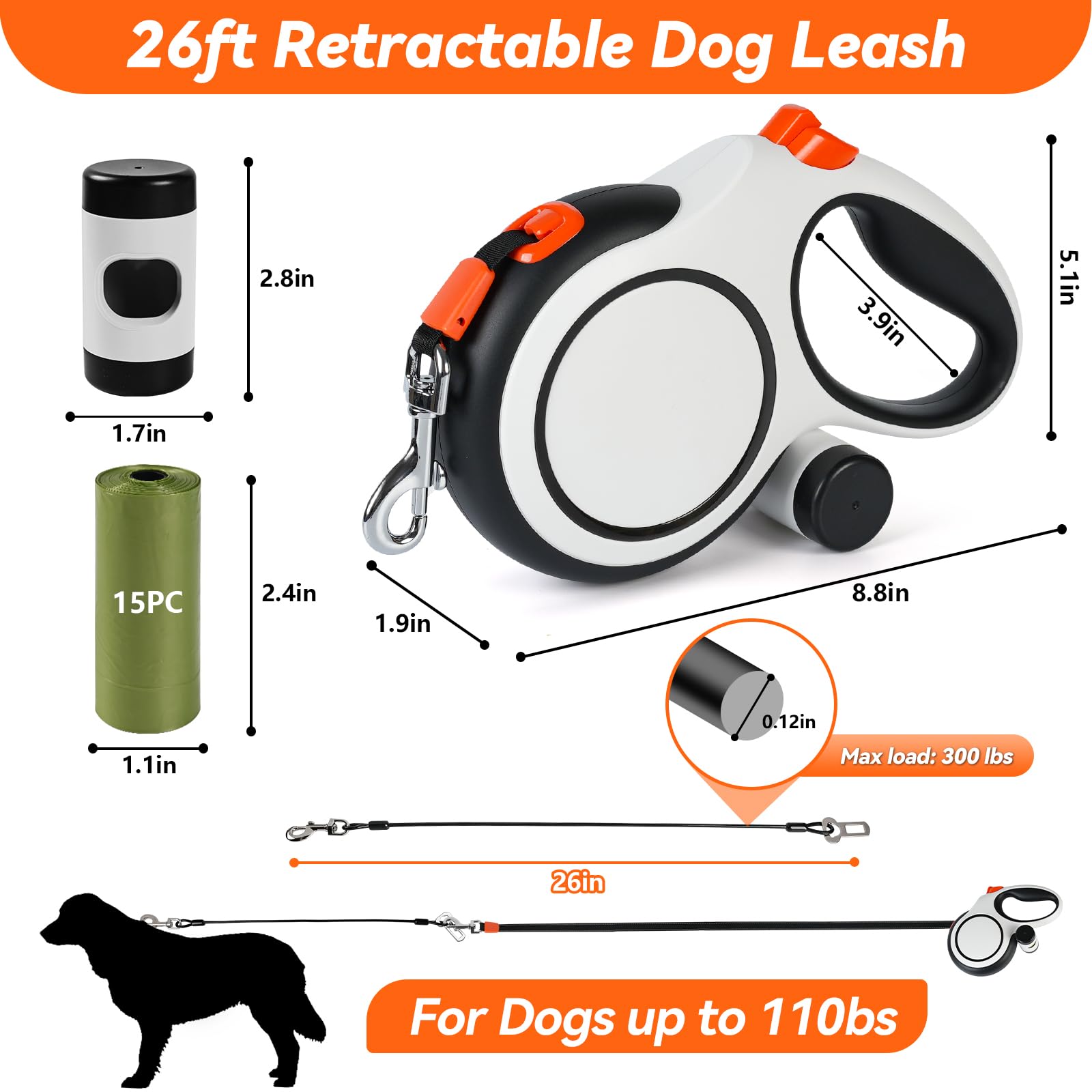 Correa retráctil resistente para perros grandes, correa de perro de 25 pies con soporte para bolsa de caca de hasta 100 libras, cable a prueba de masticación, 2 rollos de bolsas de caca de 360°