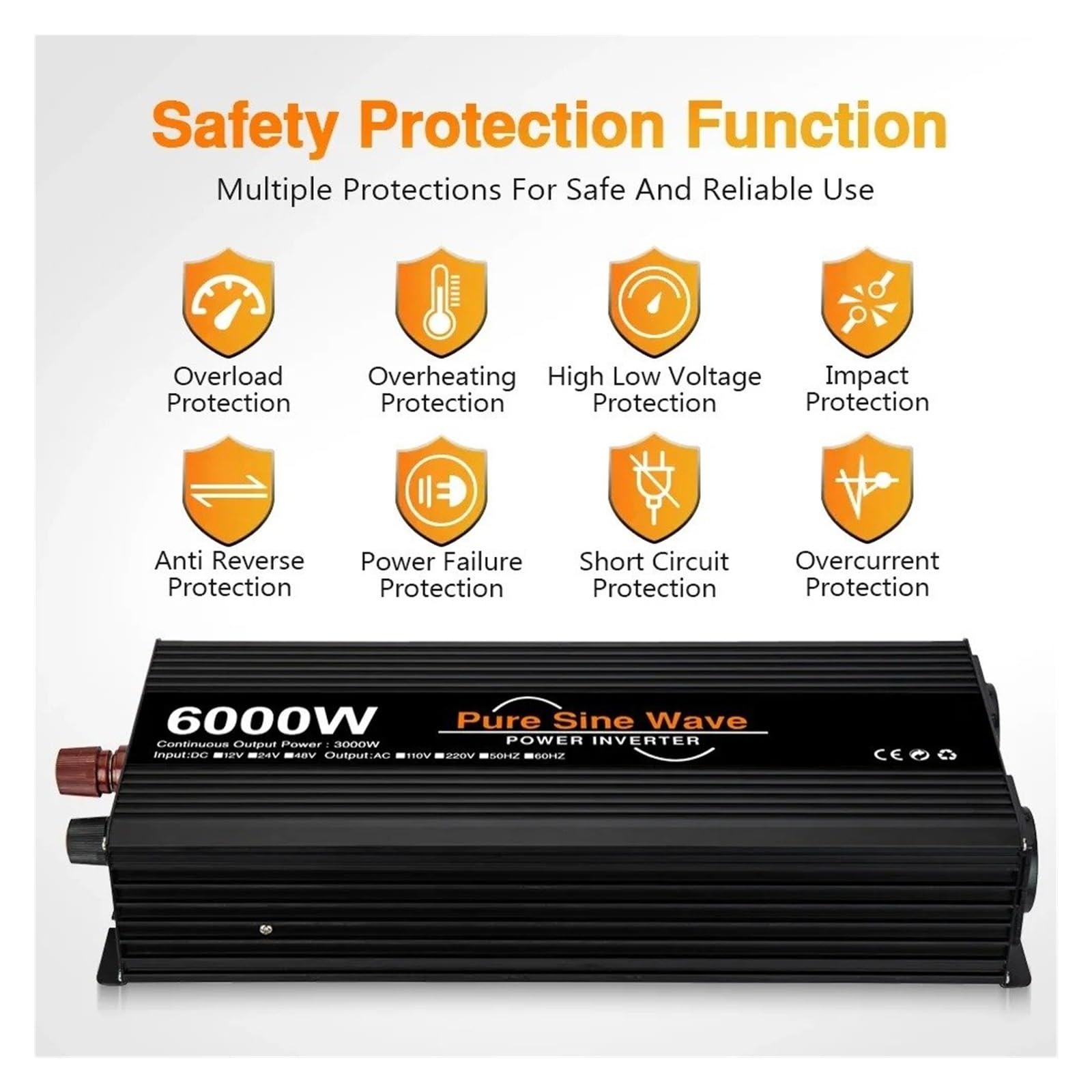 Inversor Corriente Convertidor Voltaje Onda Sinusoidal Pura 4000W 5000W 6000W con Doble Enchufe Europeo Inversor Solar 12V CC 24V Y 48V A 220V CA Transformador(24V,50HZ,6000W (Rated 3000W))