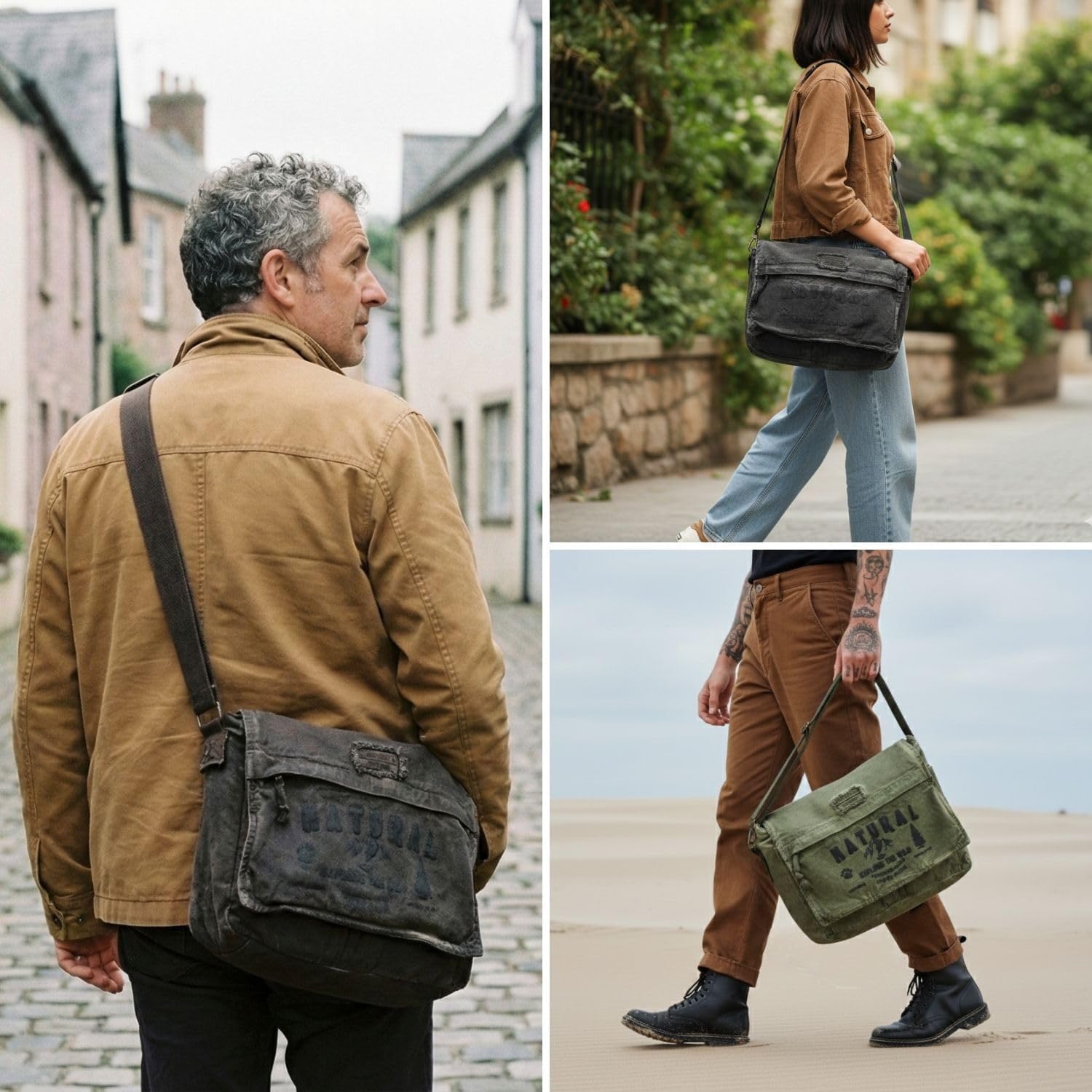 Oiled Canvas Messenger Bag – Waxed Cotton Crossbody Shoulder Bag for 15.6” Laptop