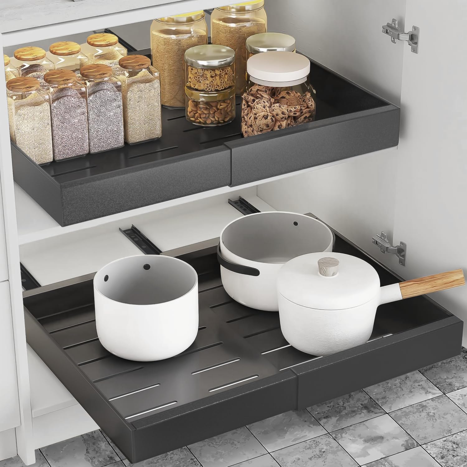 expandable pull out drawers for cabinets (gray): kitchen and pantry organizer, sliding cabinet organizer with adhesive, under sink and pots storage, 12.5"-20.5". adjustable shelf solution