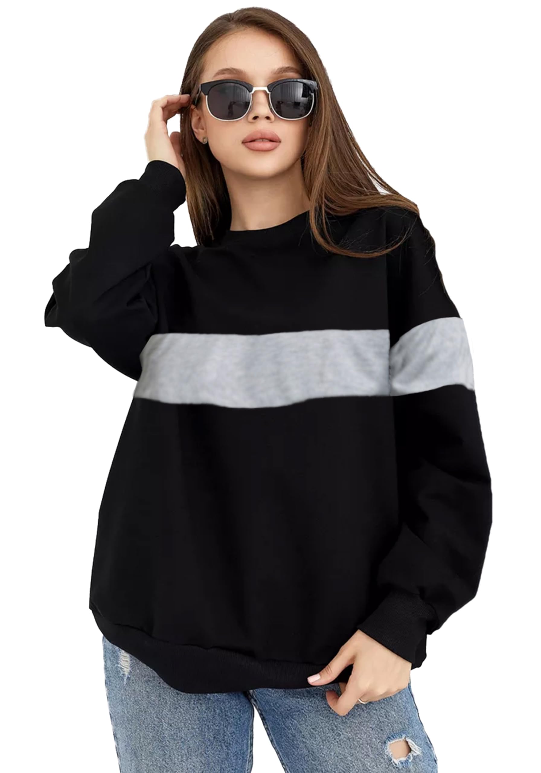 Women's Loopknit Boyfriend/Loose Fit Round Neck Sweatshirt (Color Black)