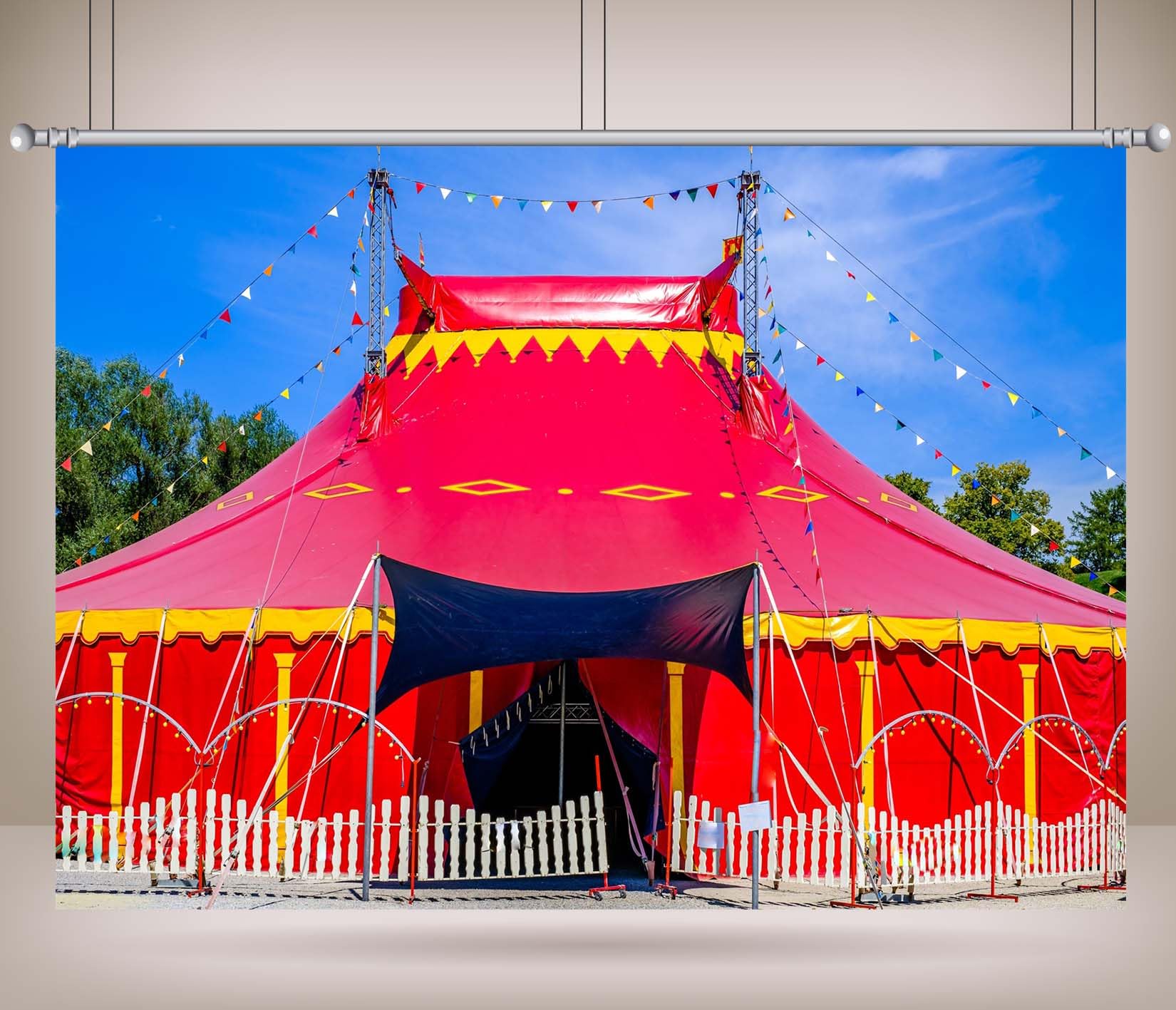 4.5x3m Sfondo fotografico con tendone da circo rosso, decorazioni per feste a tema carnevalesco, sfondo fotografico con tendone da circo, forniture per tavoli con torte di carnevale