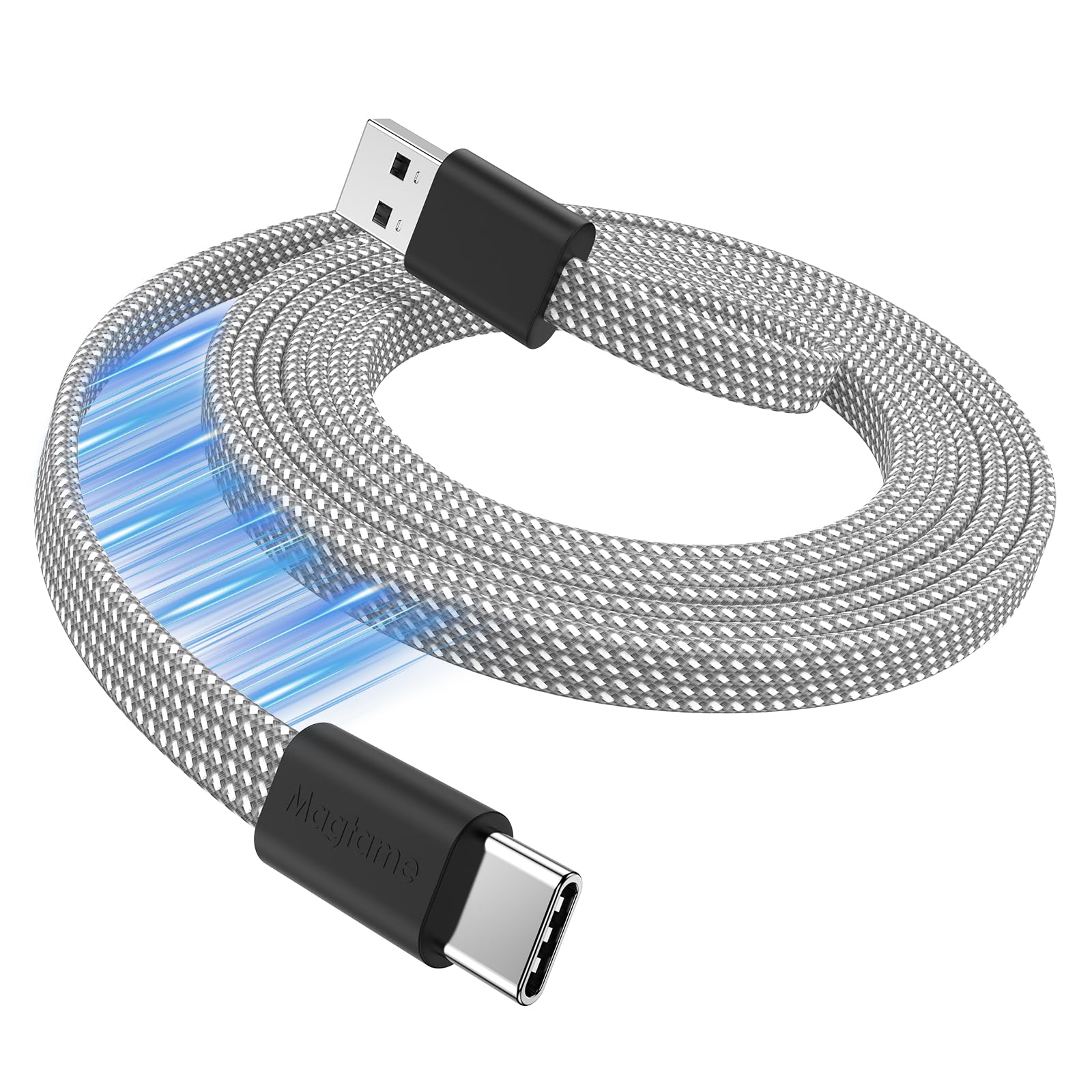 Magtame USB A zu USB-C Kabel Flaches magnetisches Ladekabel, Coiled USB C Kabels, 1M einziehbares Typ C Schnellladekabel, Flexibles USB C Kabel kompatibel für i-Phone 15 Pro Max, Samsung, Pad, Silber
