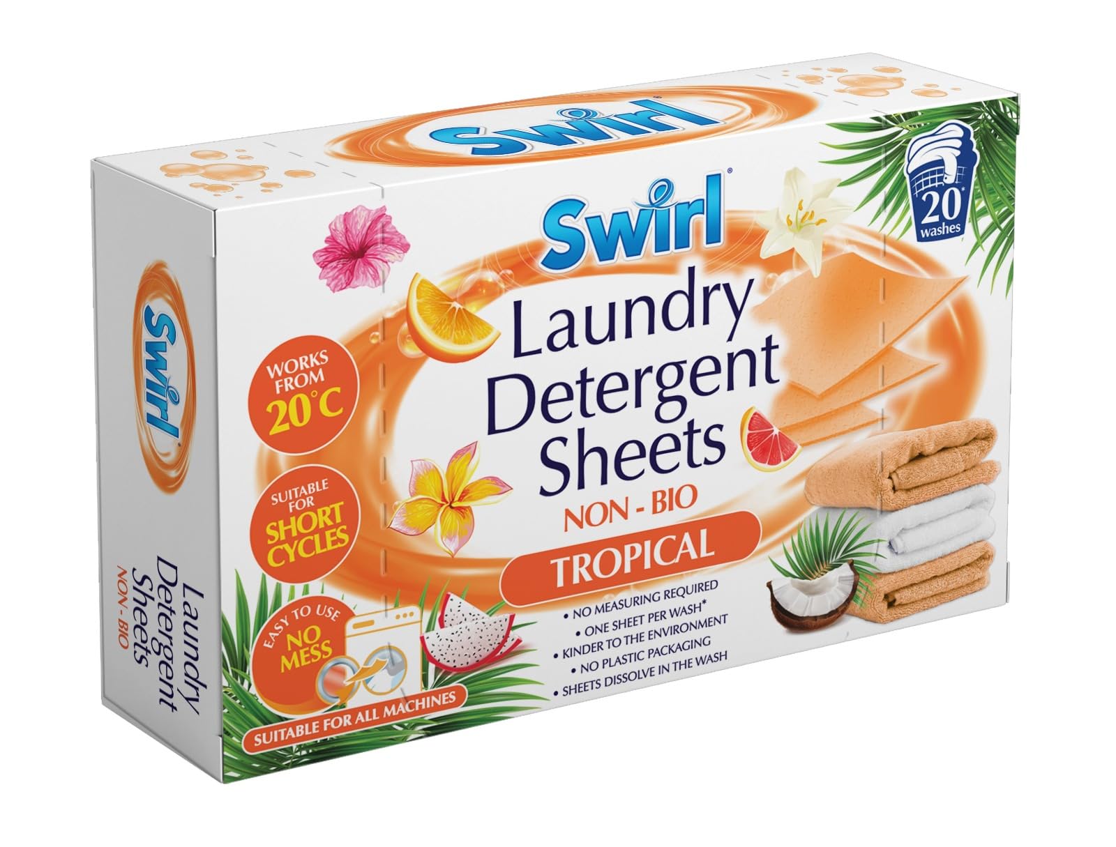 Scented Laundry Detergent Sheets Non-Bio | 20 Washes Available in Fresh Clean & Tropical (Tropical)