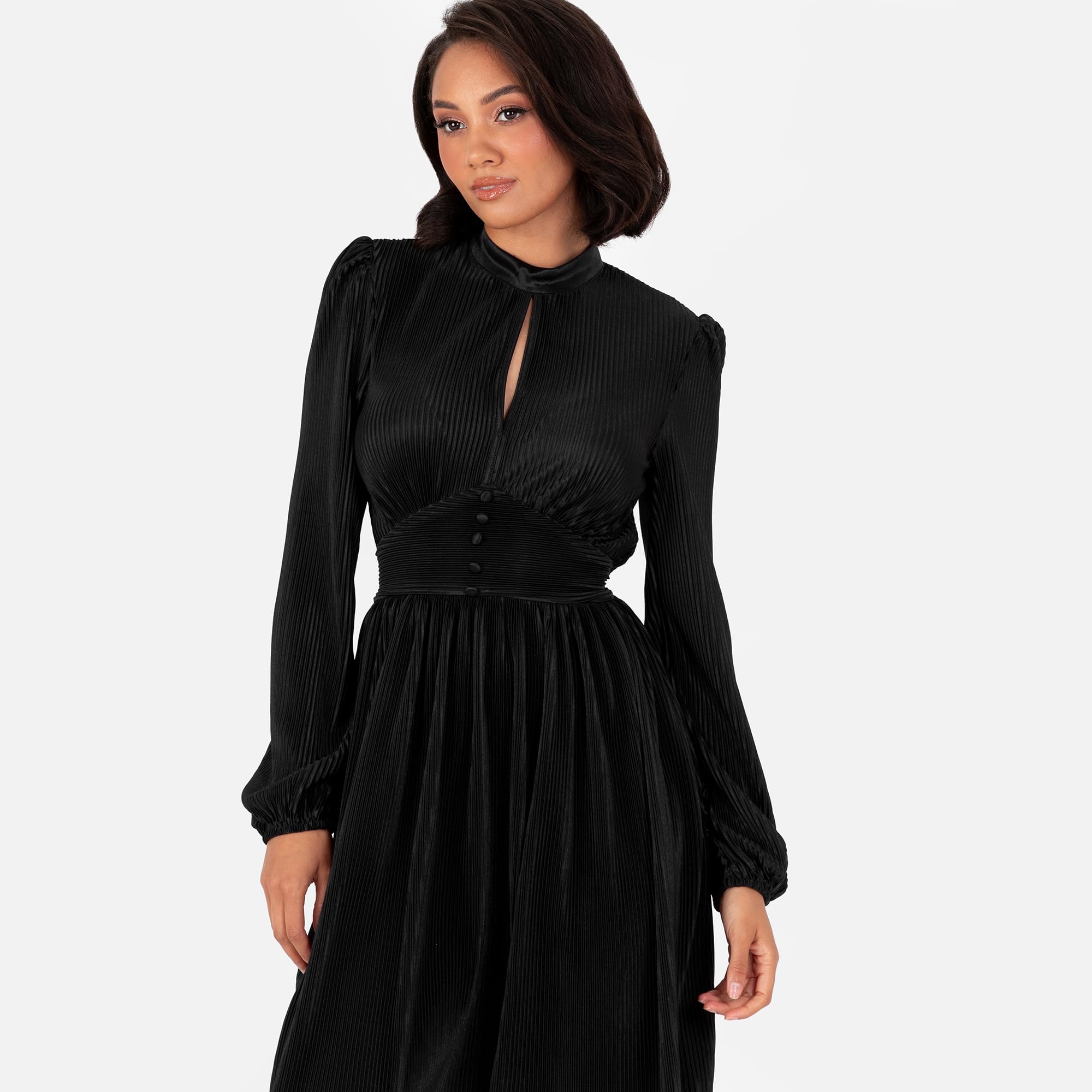 Lovedrobe Women's Mini Dress Ladies Long Balloon Sleeve High Neck Keyhole Detail Fit And Flare Plissé Cocktail Evening Occasion