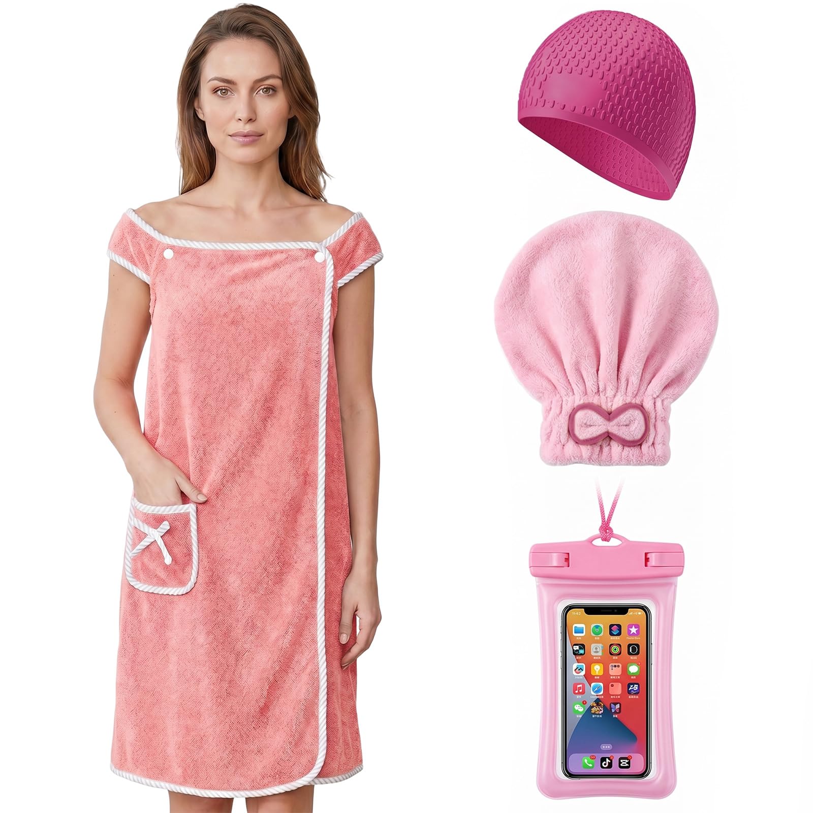 Women's Towel Wrap Coral Fleece - Quick Dry Microfibre Body Wrap 80×145CM, Bath Dress with Pocket Design, Includes a Waterproof Phone Case, Swimming Cap, and a Shower Cap, for Spa Sauna Beach (Pink)