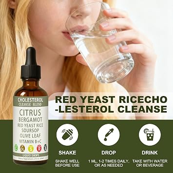 Red Yeast Rice Drops, Citrus Bergamot Red Yeast Rice, High Absorption Cholesterol Support Blend with Red Yeast Rices, Citrus Bergamot, Olive Leaf & Soursop, Natural, Non-GMO, Vegan - 2 fl oz