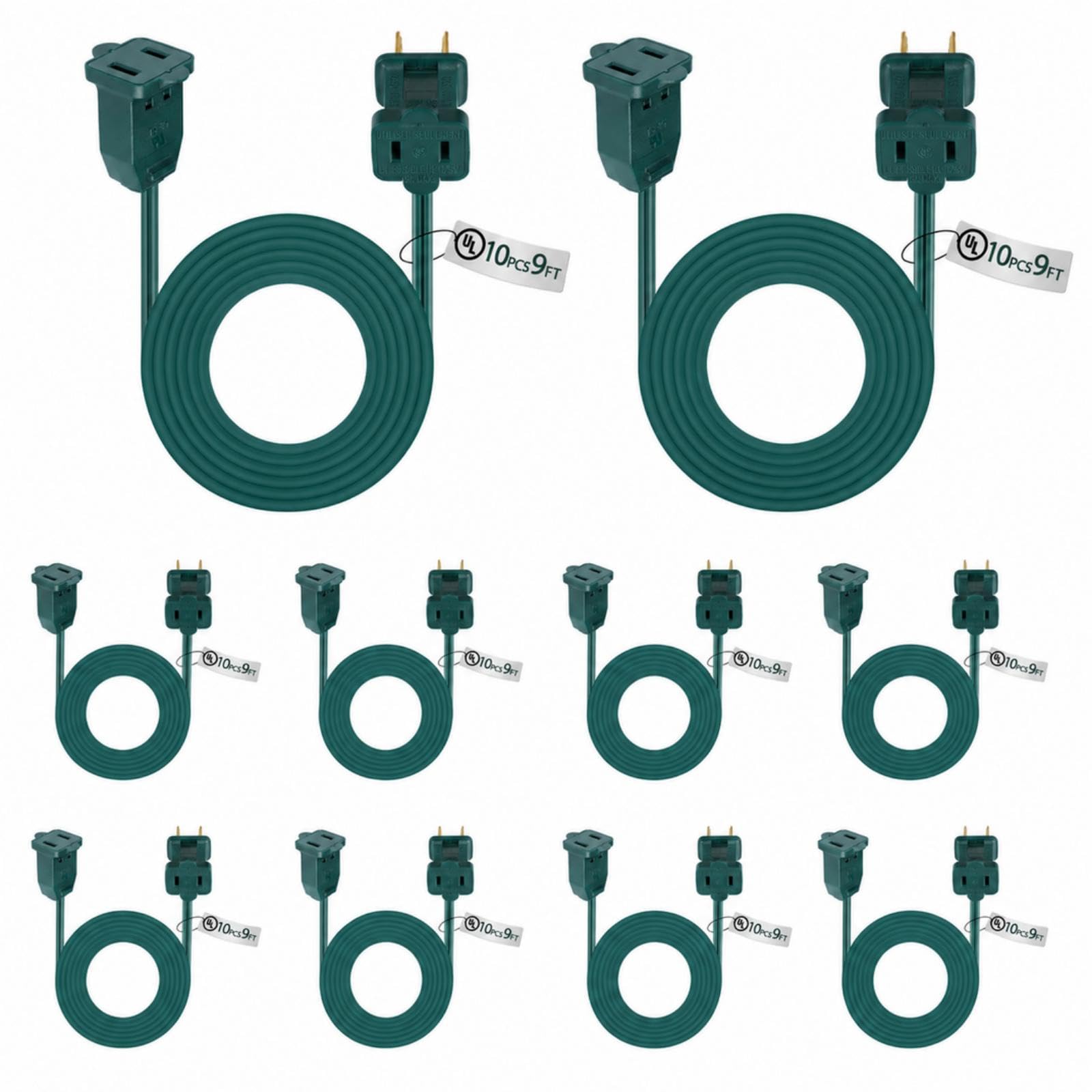 Kanayu 10 Pack Green 9 ft Indoor Extension Cord 2 Prong Electric Cord Extender, Wire Plug in and End, Ac 120 Volts, for Outdoor Christmas Connect or Extend