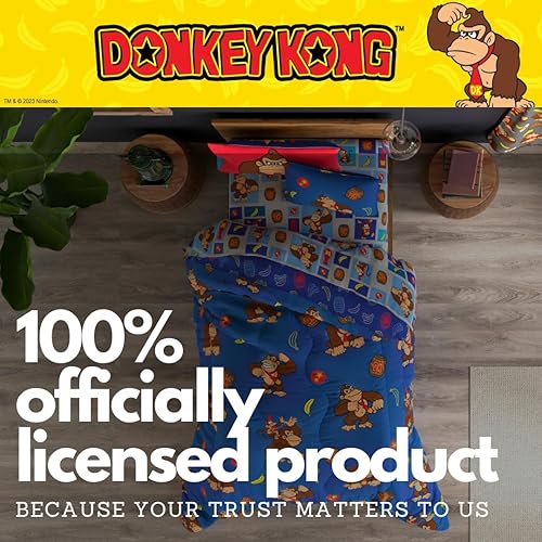Miniatura 6 de Franco - Collectibles - Ropa de cama de Donkey Kong de Nintendo - Juego de 5 piezas con edredón reversible y sábanas supersuaves, con funda