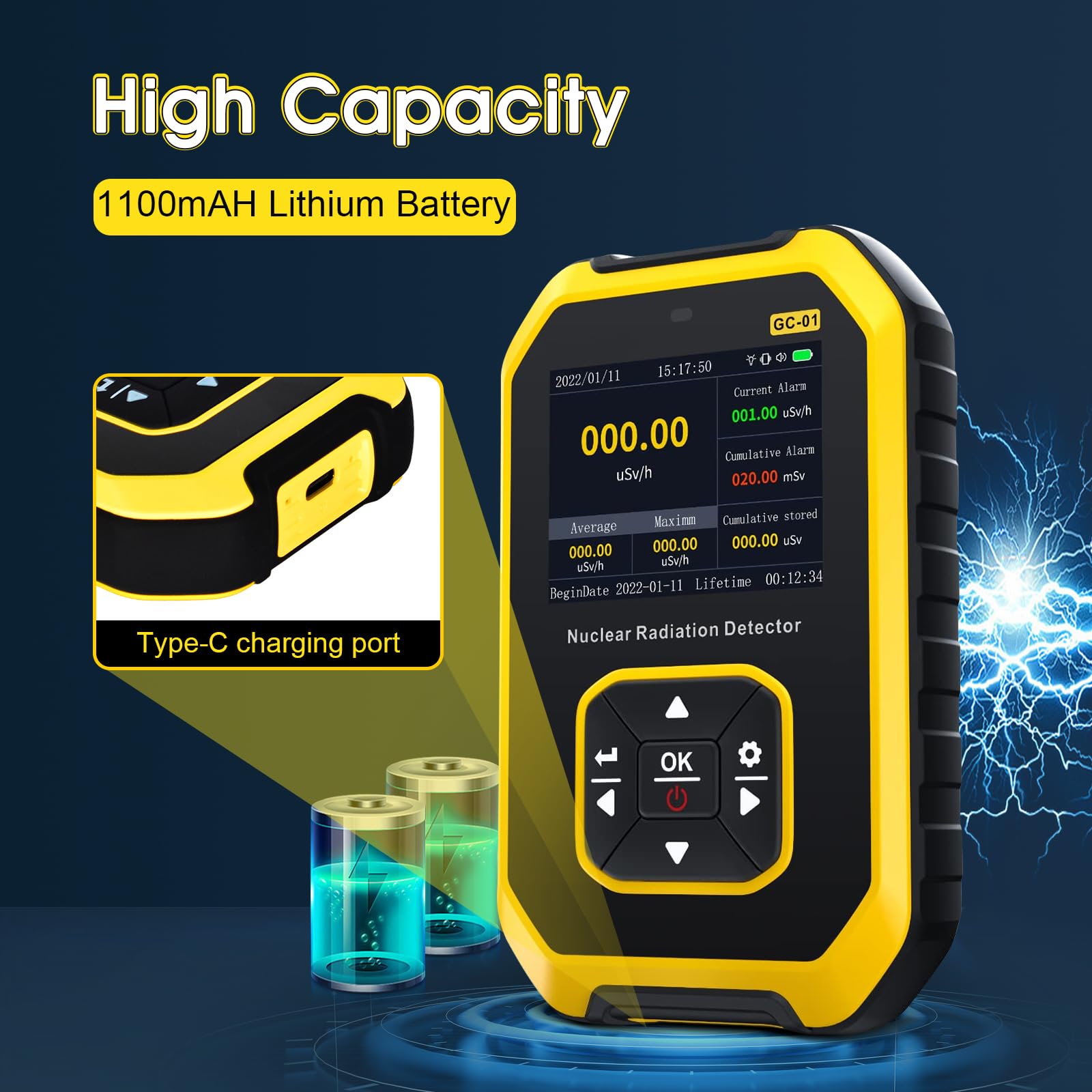 Rilevatore di radiazioni nucleari Geiger portatile con display LCD, monitor di radiazioni ricaricabile, tester per raggi X Beta Gamma, applicato per casa, esterno, industriale
