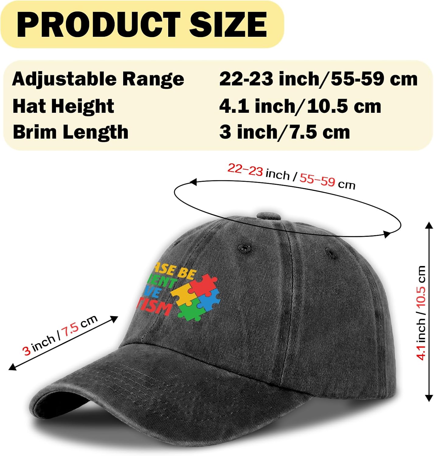 Funny Autism Puzzle Distressed Washed Black Baseball Caps Please Be Patient I Have Autism Printed Cotton Adjustable Baseball Hats Autism Awareness Gifts for Women Men Friend Dad Neighbor - Image 2
