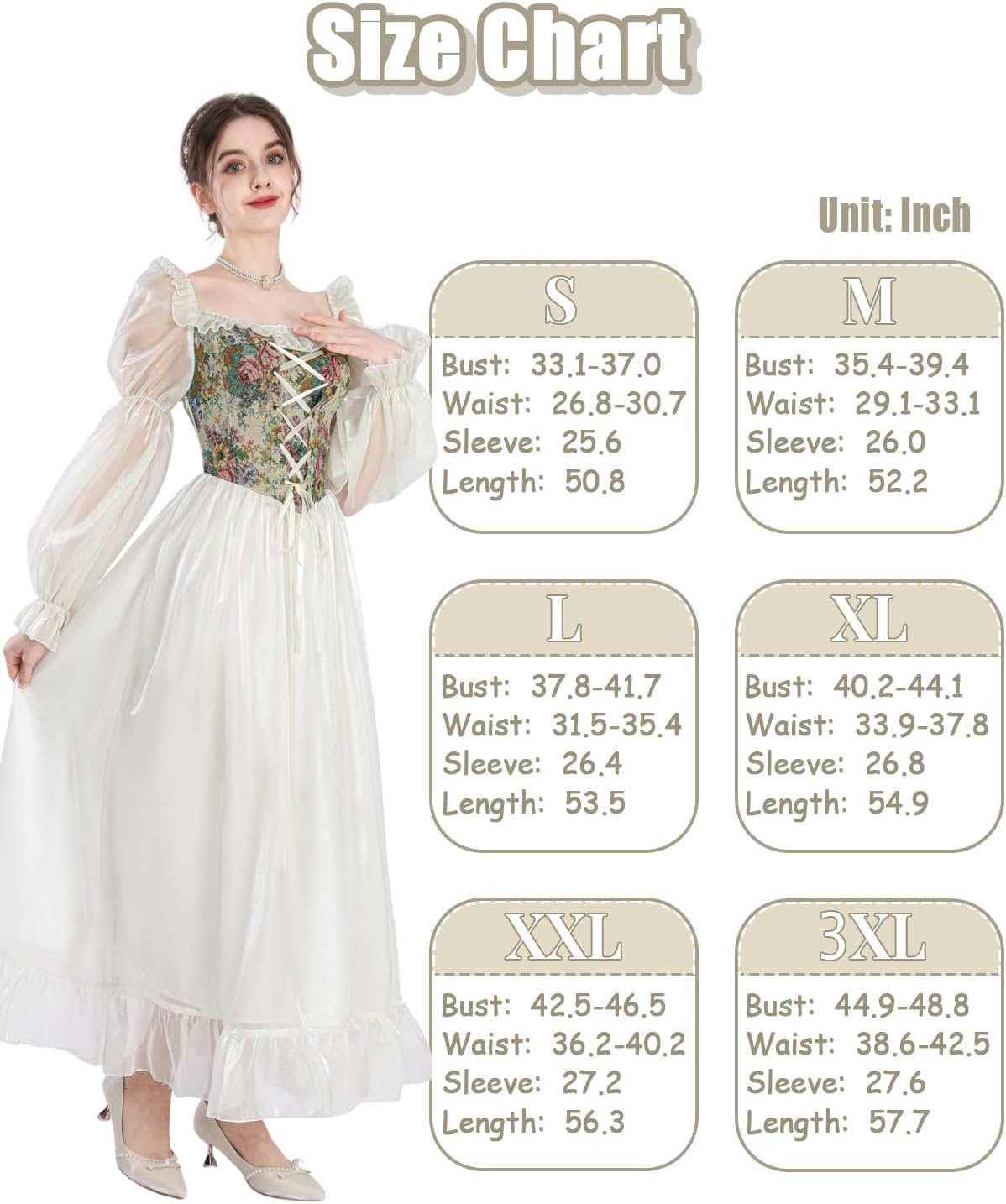 NSPSTT White Renaissance Dress Women Fairy Dress Victorian Medieval Costume - Image 6