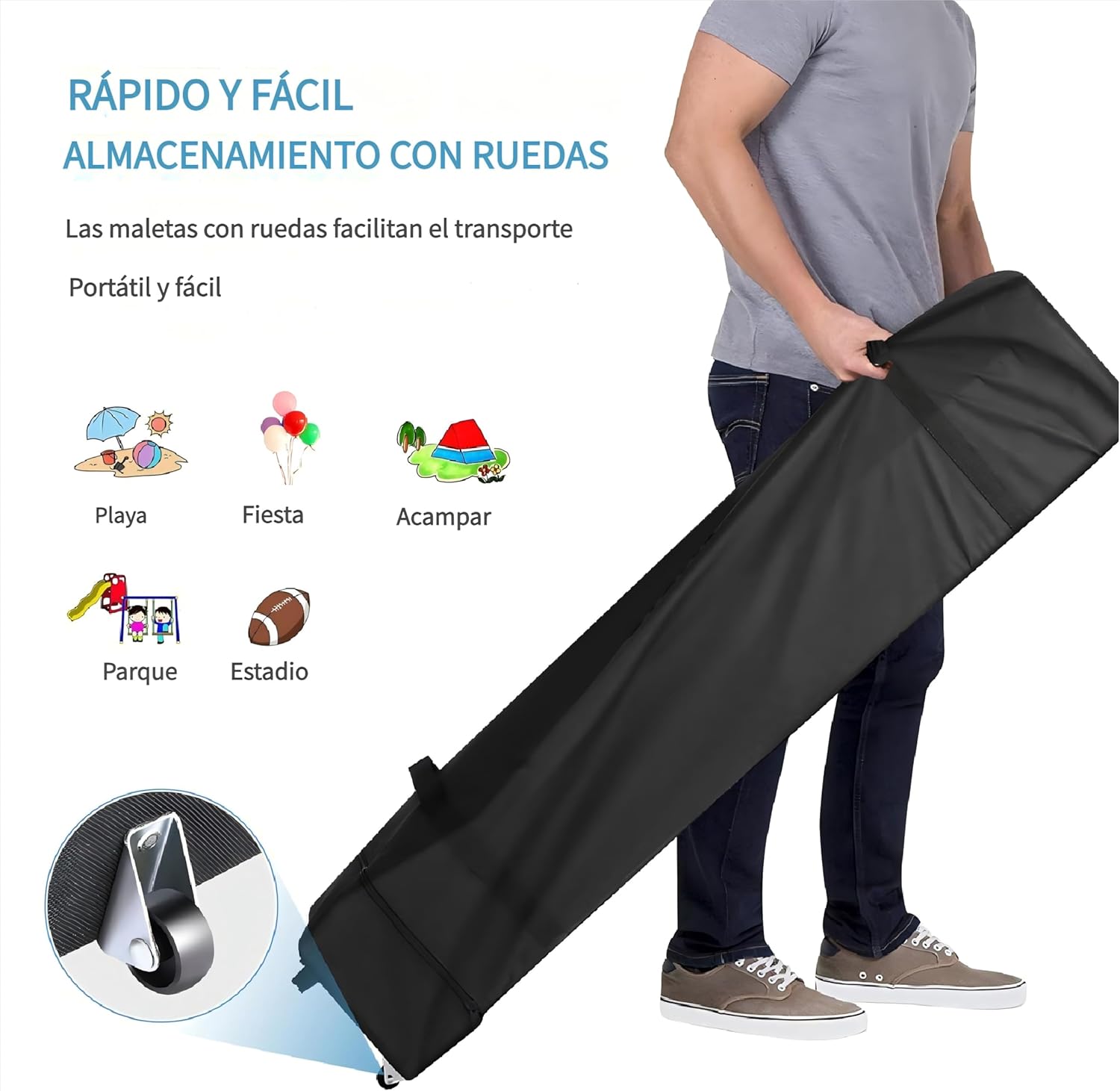 A person easily transporting the folded gazebo in its wheeled carry bag, with an inset showing the durable wheels.