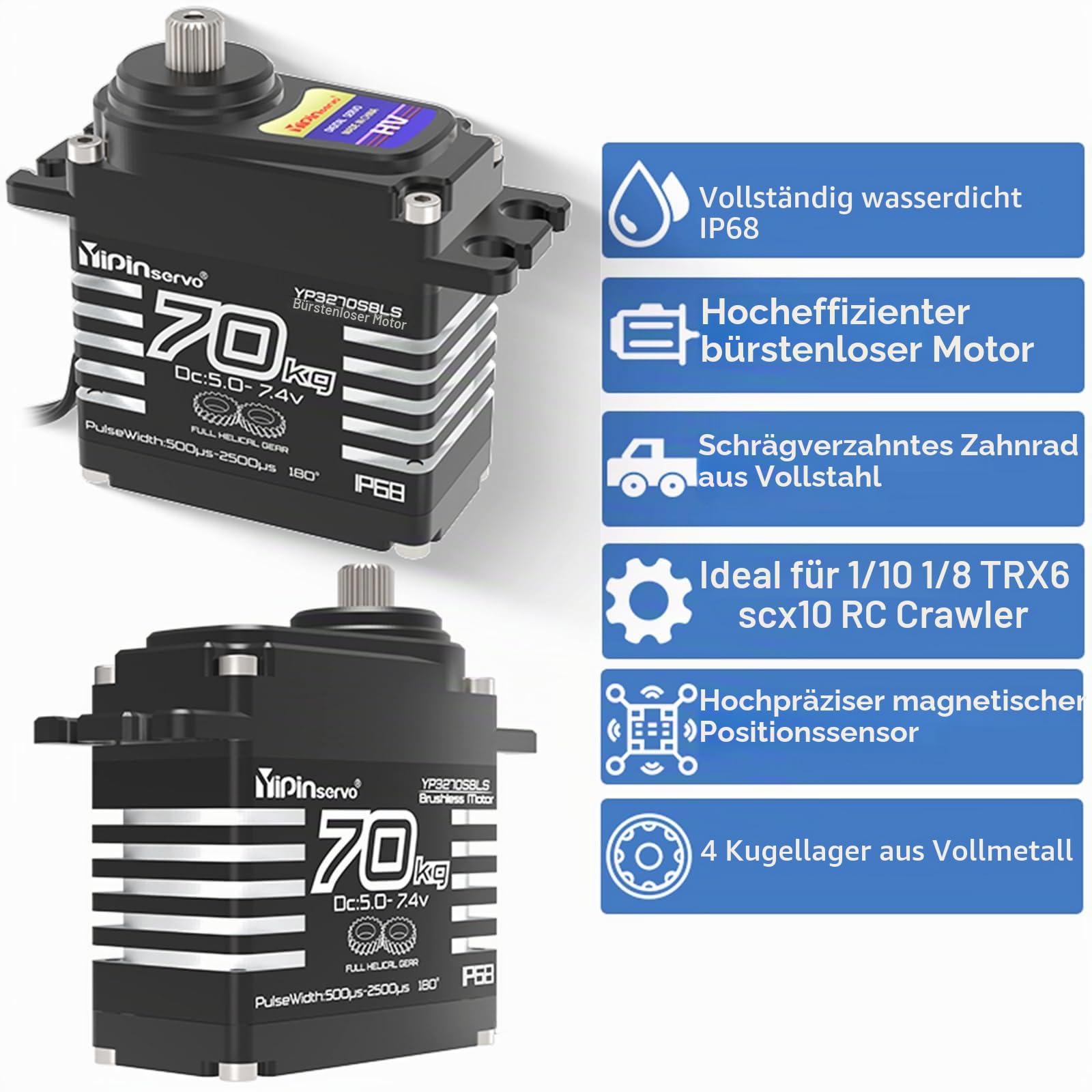 70kg Digital Servo 8.4V 180° Brushless RC Servomotor High Torgue Wasserdicht IP68 Stahl Helical Gear mit 25T Servo Arm 1/8, 1/10 RC Auto Roboter Boot